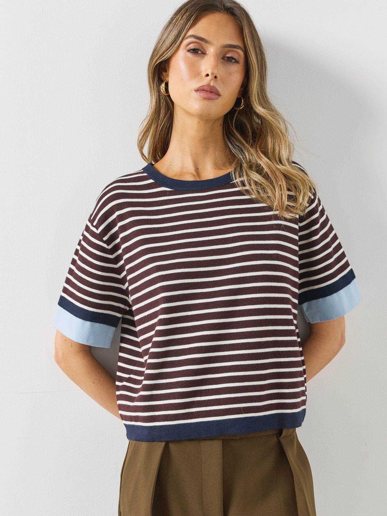 Image 1 of 5 of Mango Womens Layered Shirt Look Relaxed Fit Striped Jumper - Brown