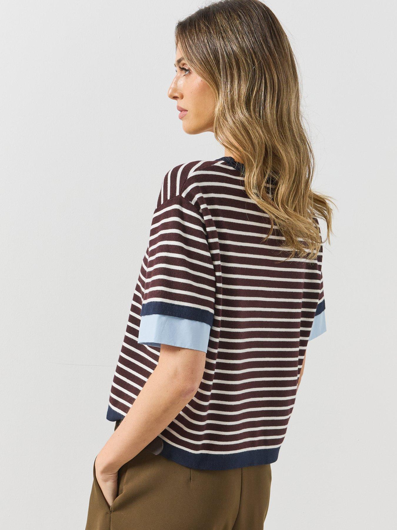 Image 2 of 5 of Mango Womens Layered Shirt Look Relaxed Fit Striped Jumper - Brown