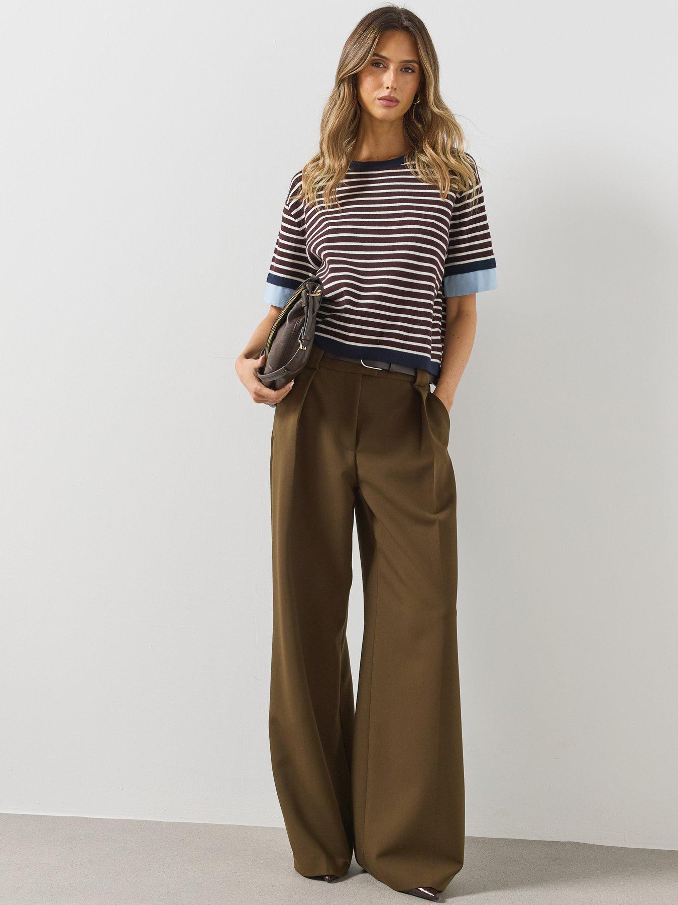 Image 3 of 5 of Mango Womens Layered Shirt Look Relaxed Fit Striped Jumper - Brown