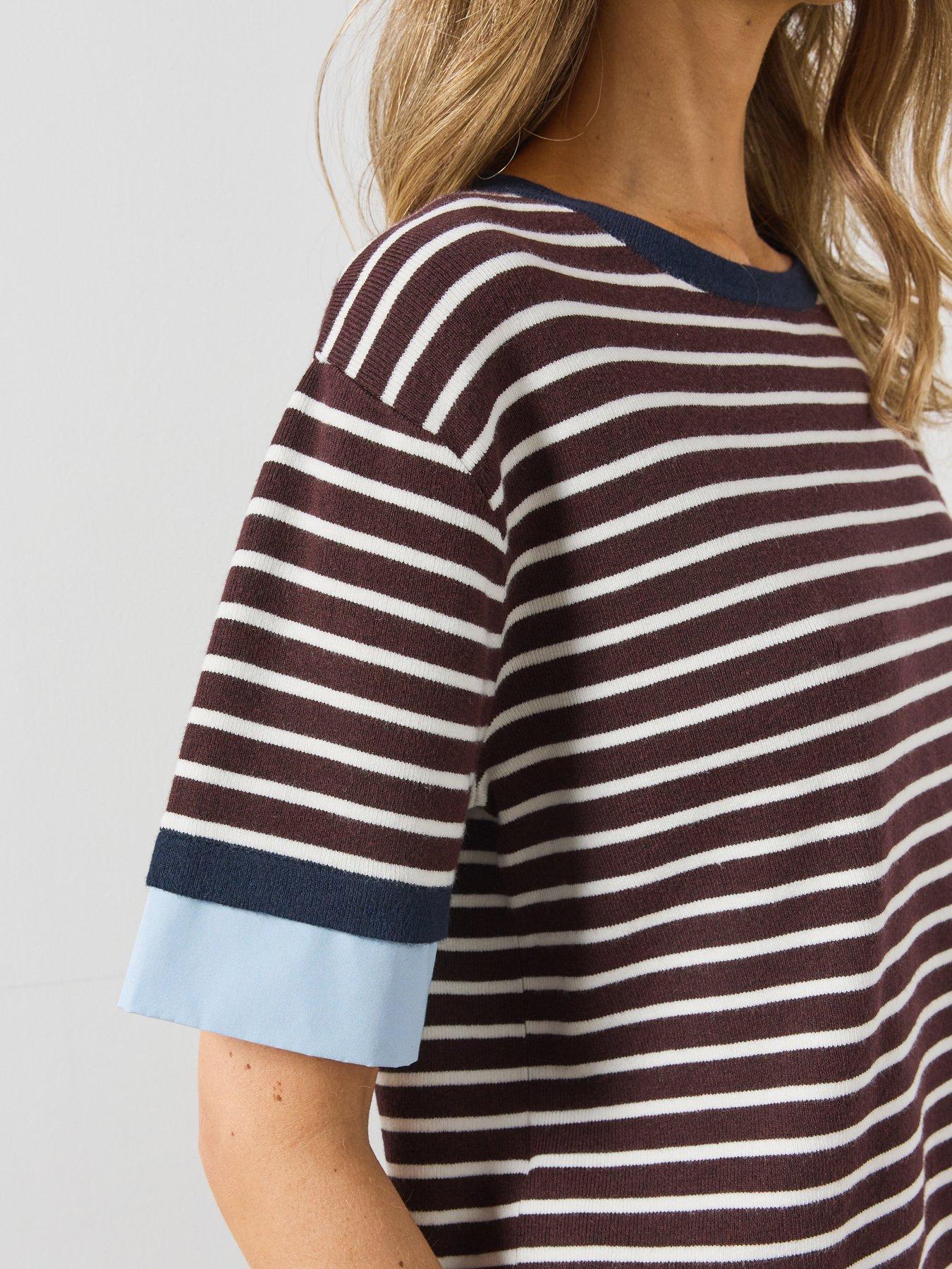 Image 4 of 5 of Mango Womens Layered Shirt Look Relaxed Fit Striped Jumper - Brown