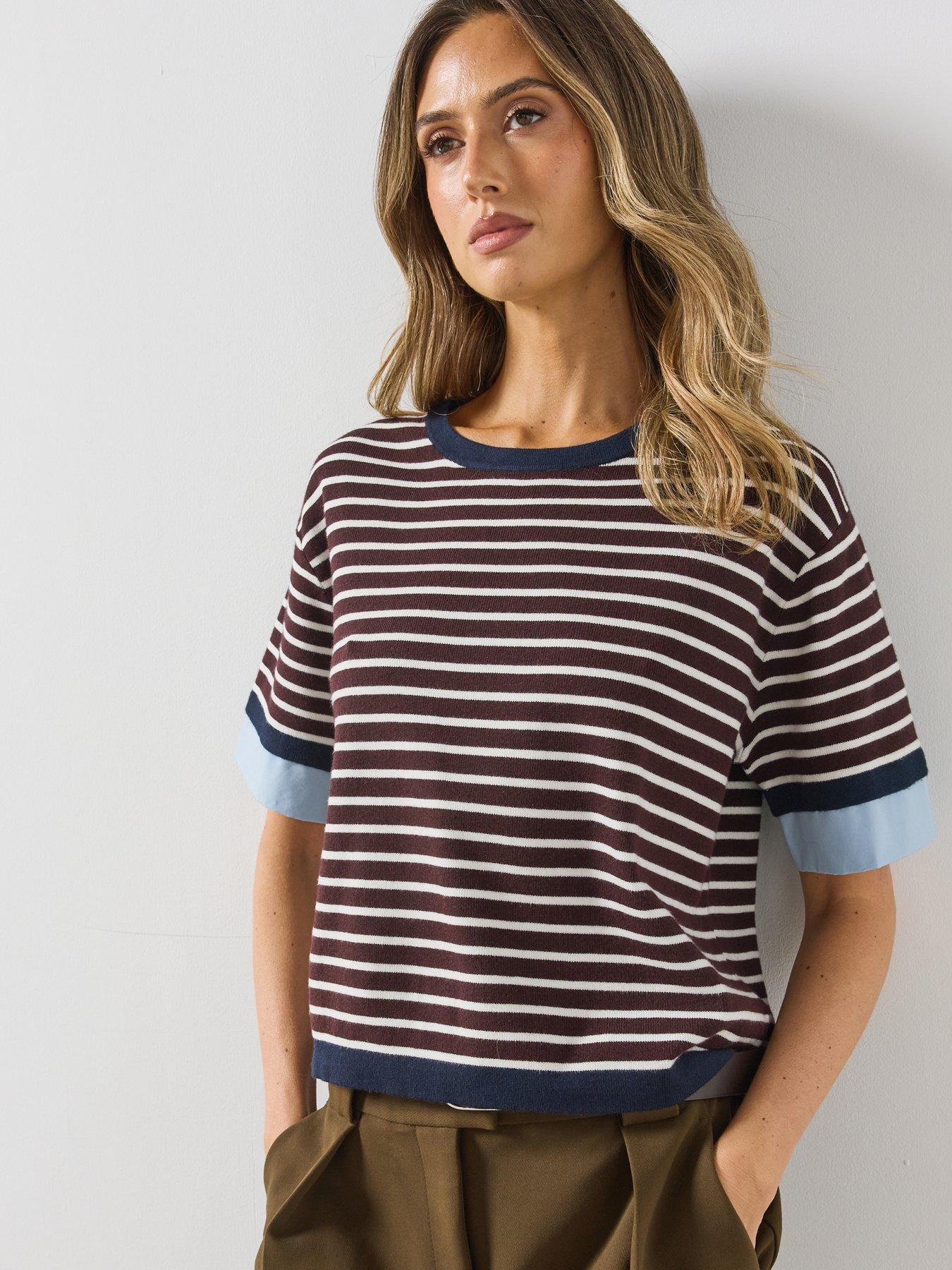 Image 5 of 5 of Mango Womens Layered Shirt Look Relaxed Fit Striped Jumper - Brown
