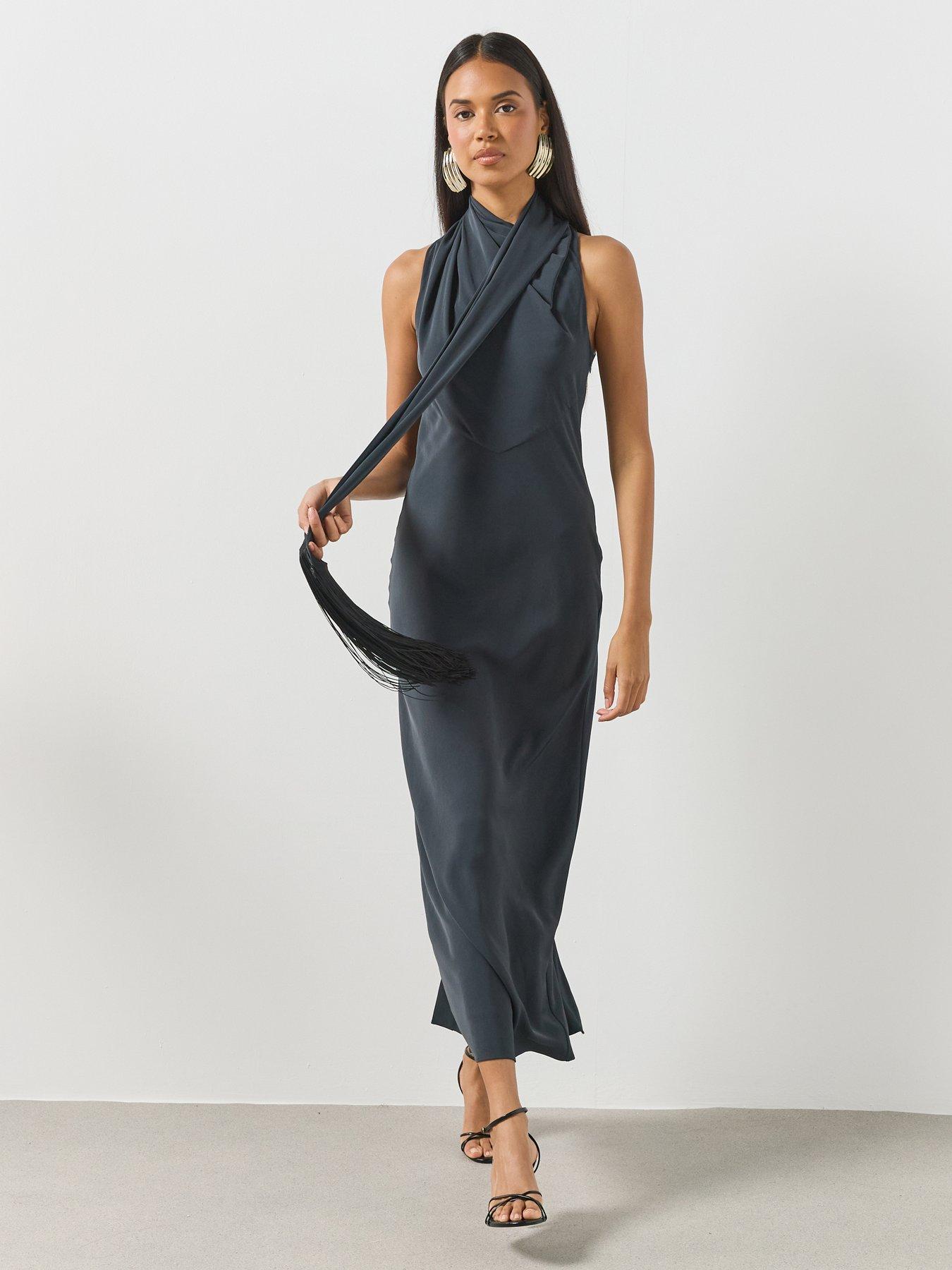 Image 1 of 6 of Mango Draped Neck Dress - Grey