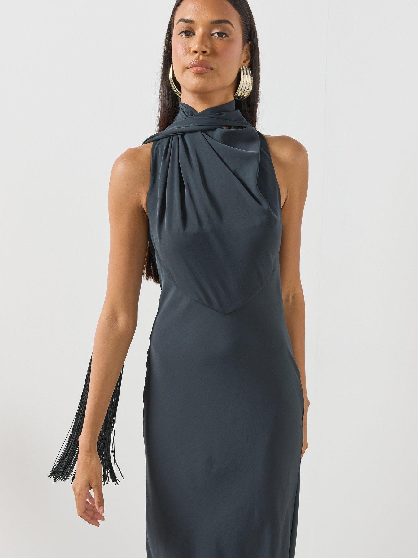 Image 4 of 6 of Mango Draped Neck Dress - Grey