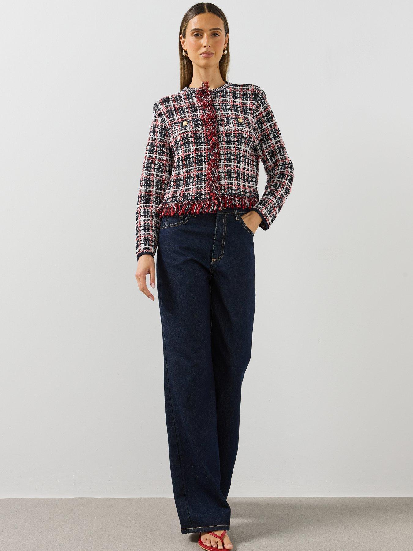 Image 3 of 6 of Mango Womens Fringe Trim Gold Button Jacket - Navy