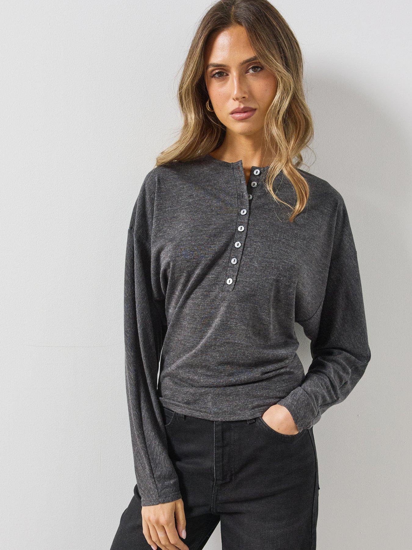 Image 1 of 6 of Mango Womens Button Front Relaxed Fit Long Sleeve Jumper - Grey
