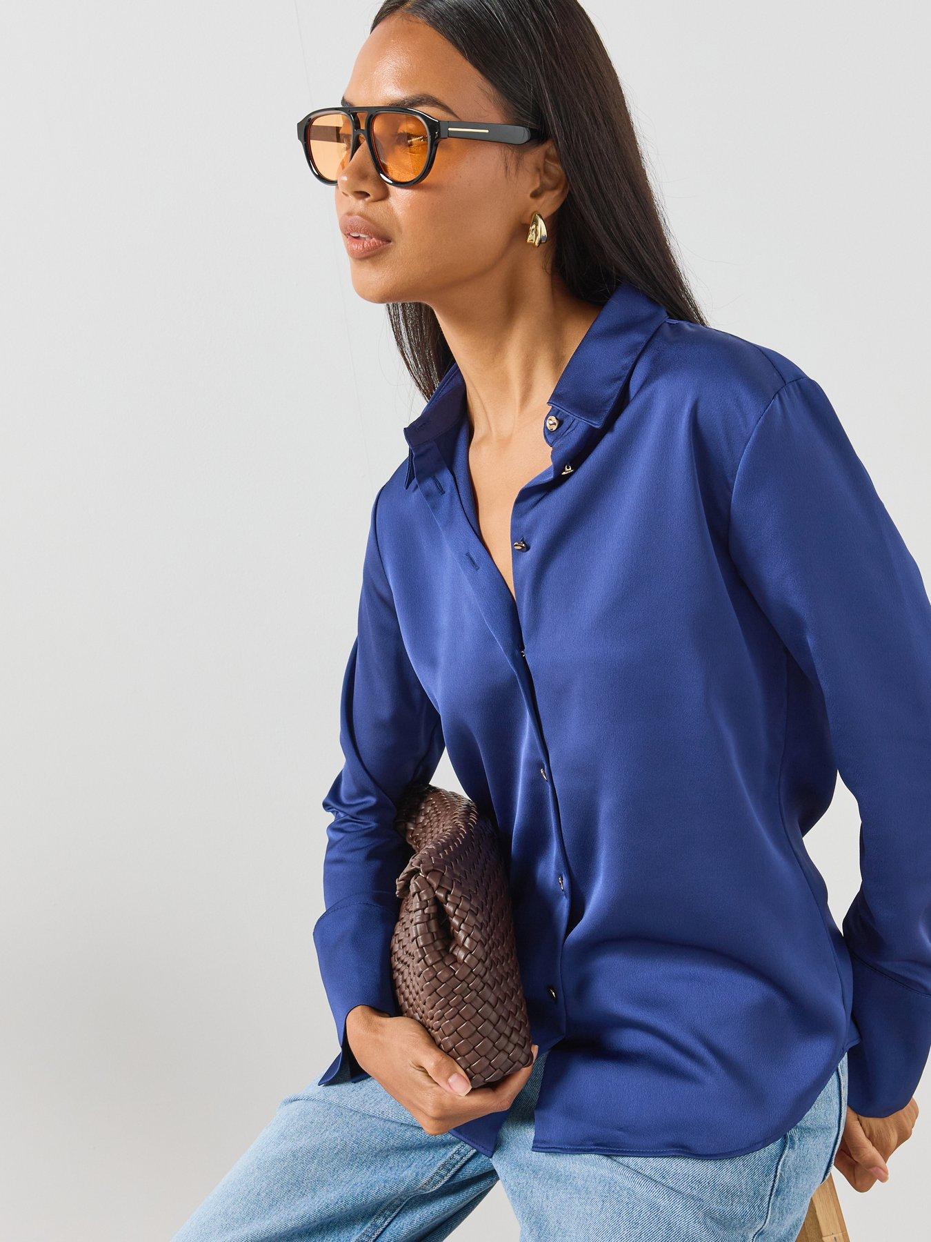 Image 1 of 6 of Mango Satin Shirt - Blue