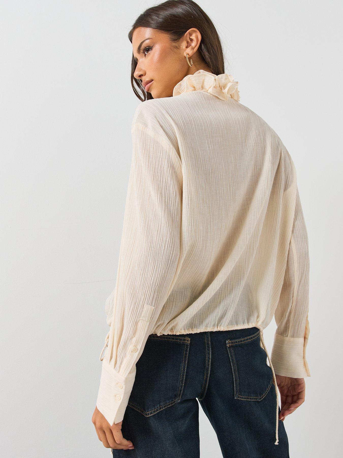 Image 2 of 6 of Mango Womens Ruffle High Neck Keyhole Long Sleeve Blouse - Ecru