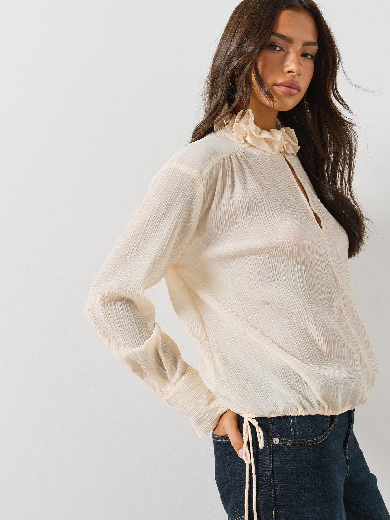 Image 5 of 6 of Mango Womens Ruffle High Neck Keyhole Long Sleeve Blouse - Ecru