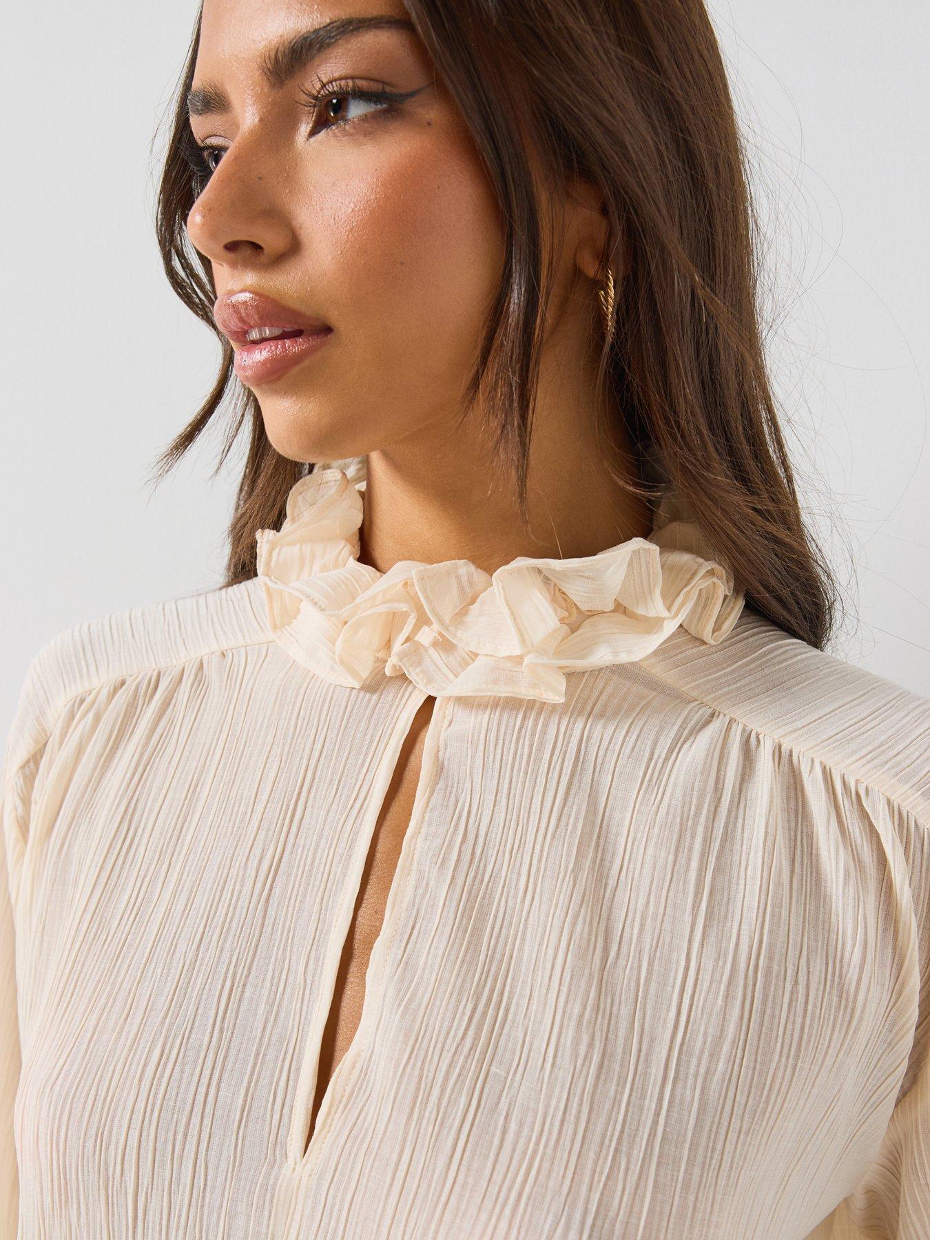 Image 6 of 6 of Mango Womens Ruffle High Neck Keyhole Long Sleeve Blouse - Ecru
