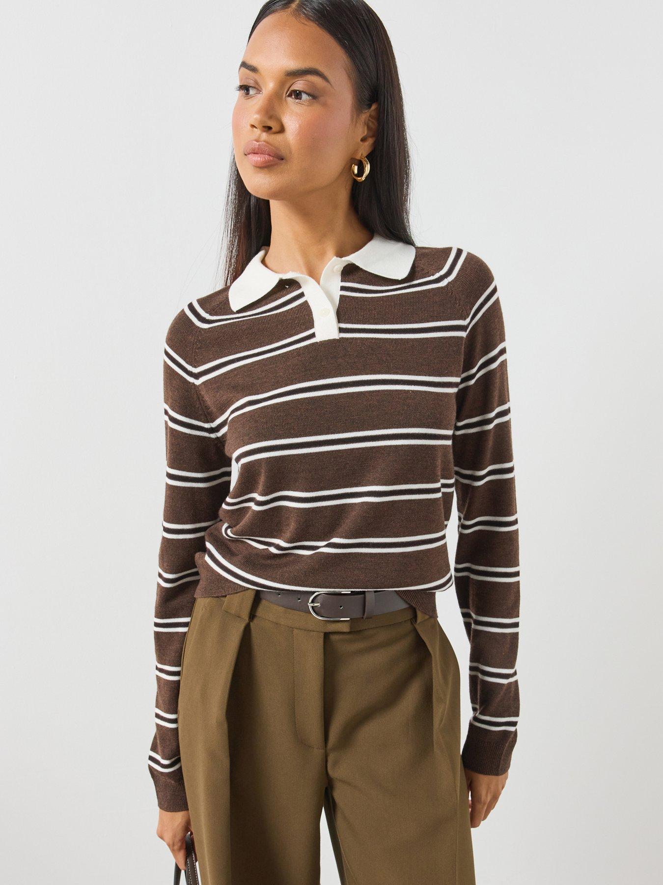Image 1 of 6 of Mango Striped Polo Neck Sweater - Brown