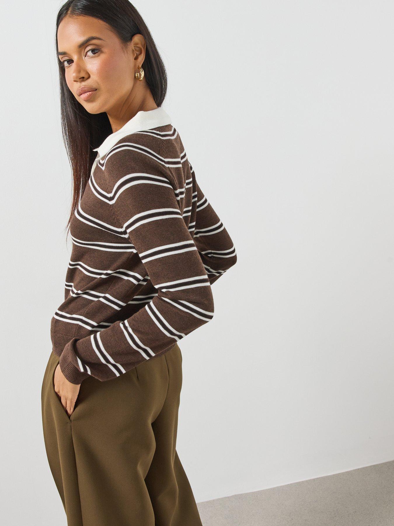Image 6 of 6 of Mango Striped Polo Neck Sweater - Brown