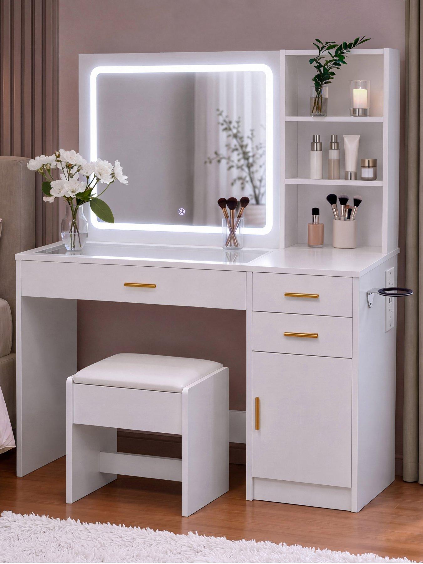 Vida Designs Vida Designs Clova 3 Drawer 1 Door 2 Shelf Led Dressing Table Set With Power Outlet, White