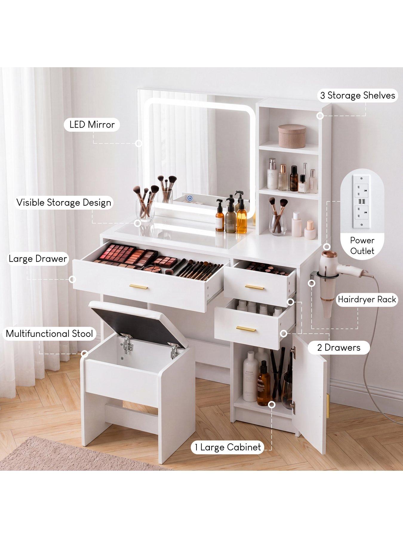 Image 5 of 7 of Vida Designs Clova 3 Drawer 1 Door 2 Shelf Led Dressing Table Set With Power Outlet, White
