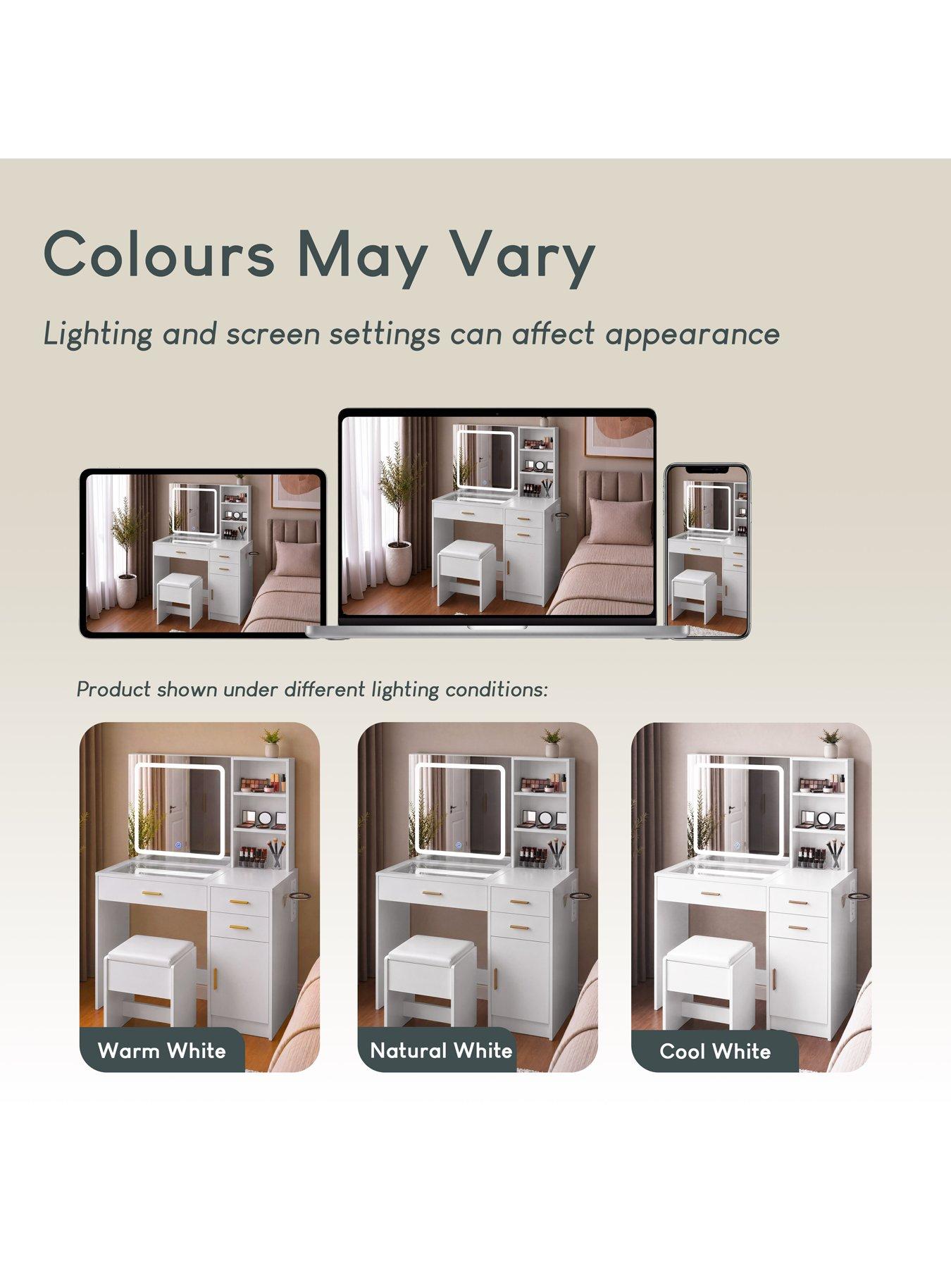 Image 6 of 7 of Vida Designs Clova 3 Drawer 1 Door 2 Shelf Led Dressing Table Set With Power Outlet, White