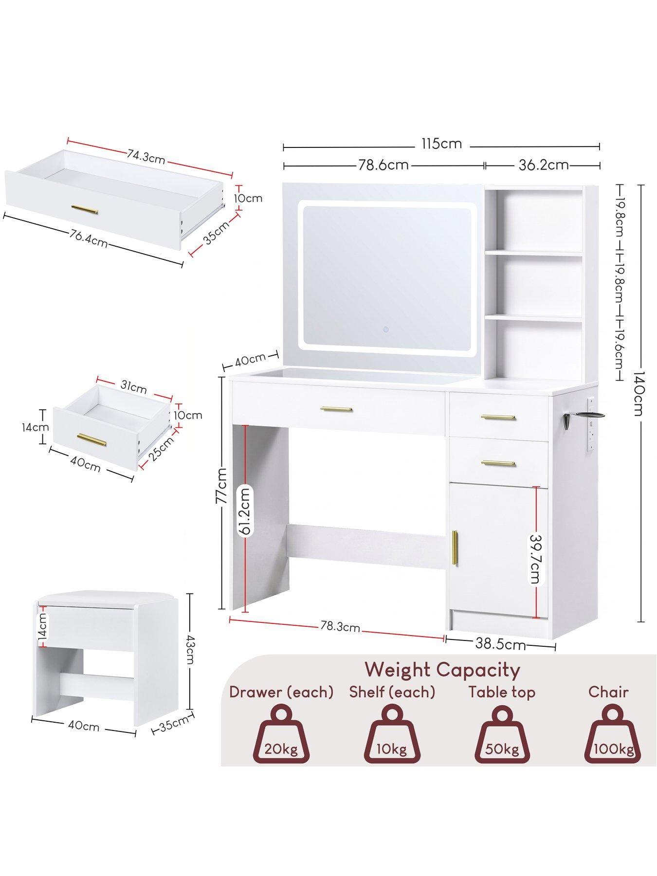 Image 7 of 7 of Vida Designs Clova 3 Drawer 1 Door 2 Shelf Led Dressing Table Set With Power Outlet, White