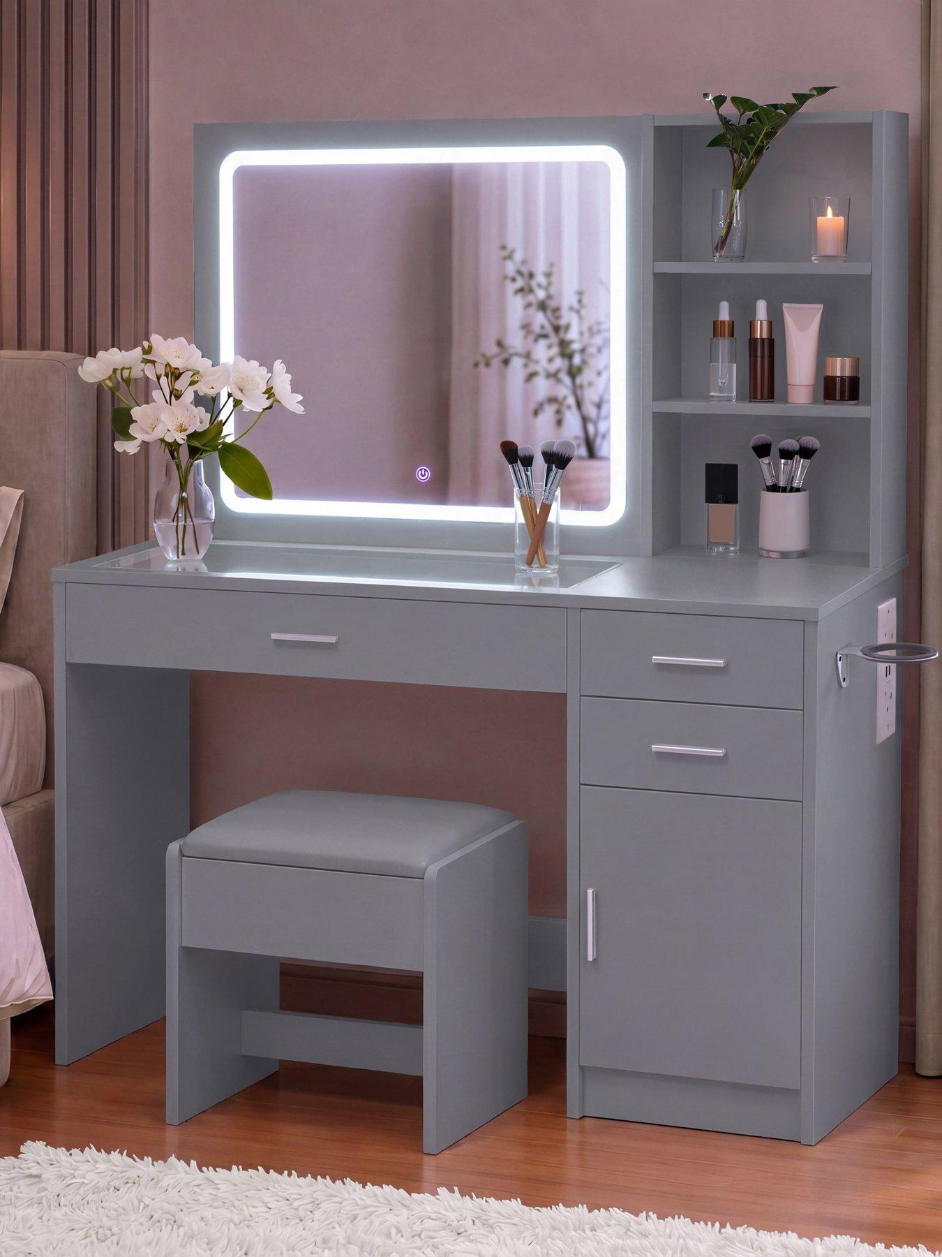 Image 1 of 7 of Vida Designs Clova 3 Drawer 1 Door 2 Shelf Led Dressing Table Set With Power Outlet, Grey