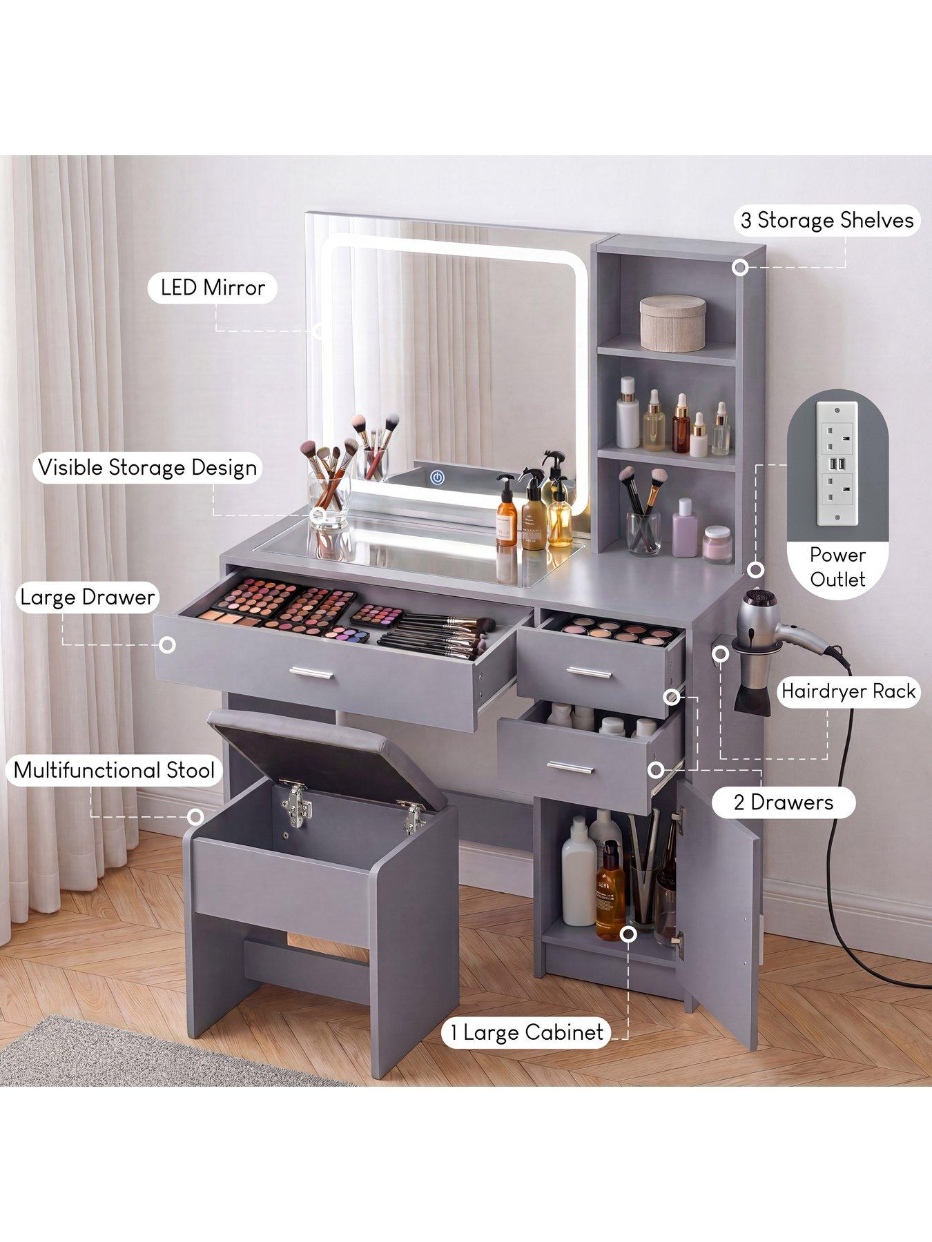 Image 4 of 7 of Vida Designs Clova 3 Drawer 1 Door 2 Shelf Led Dressing Table Set With Power Outlet, Grey