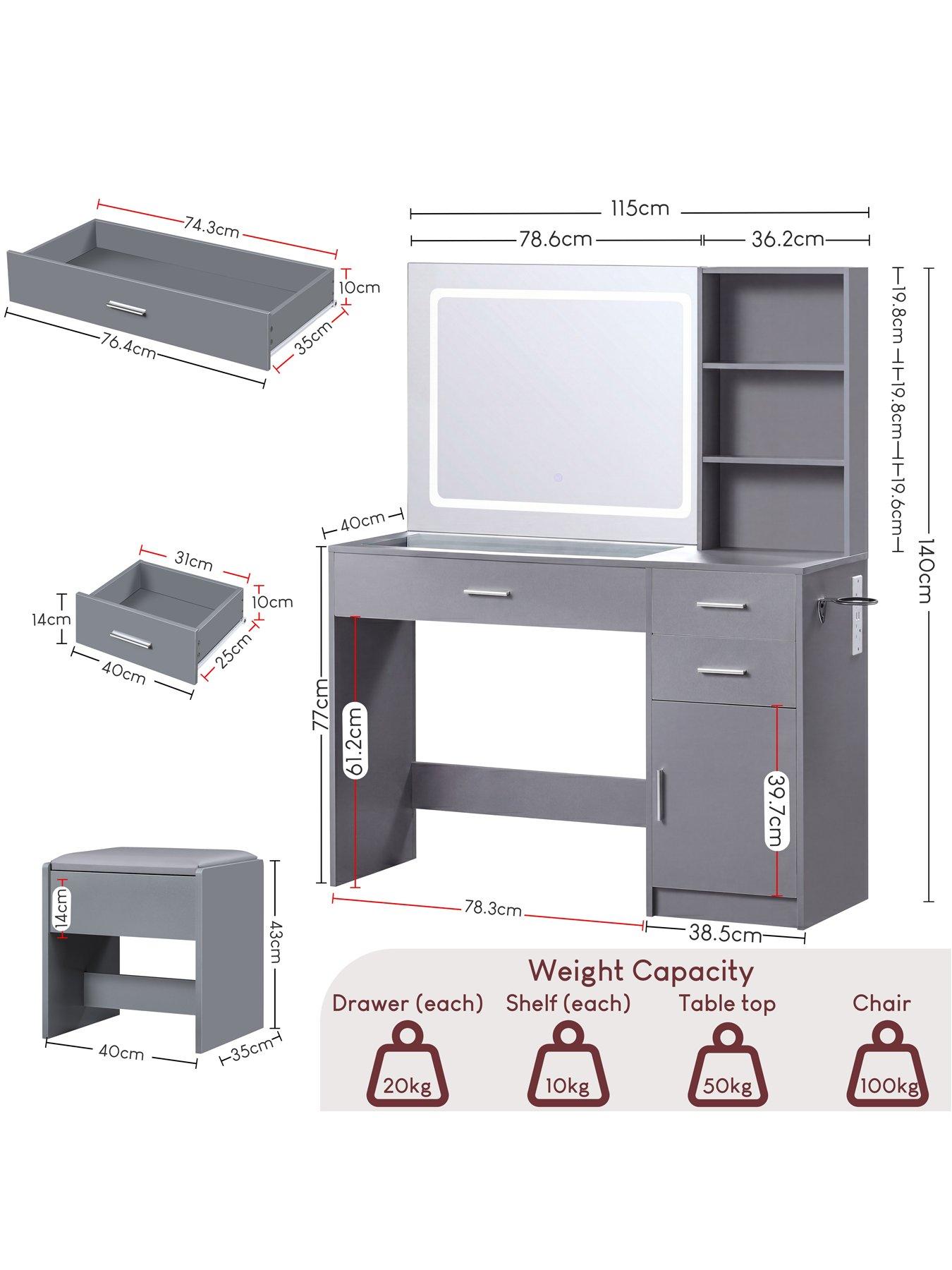 Image 7 of 7 of Vida Designs Clova 3 Drawer 1 Door 2 Shelf Led Dressing Table Set With Power Outlet, Grey