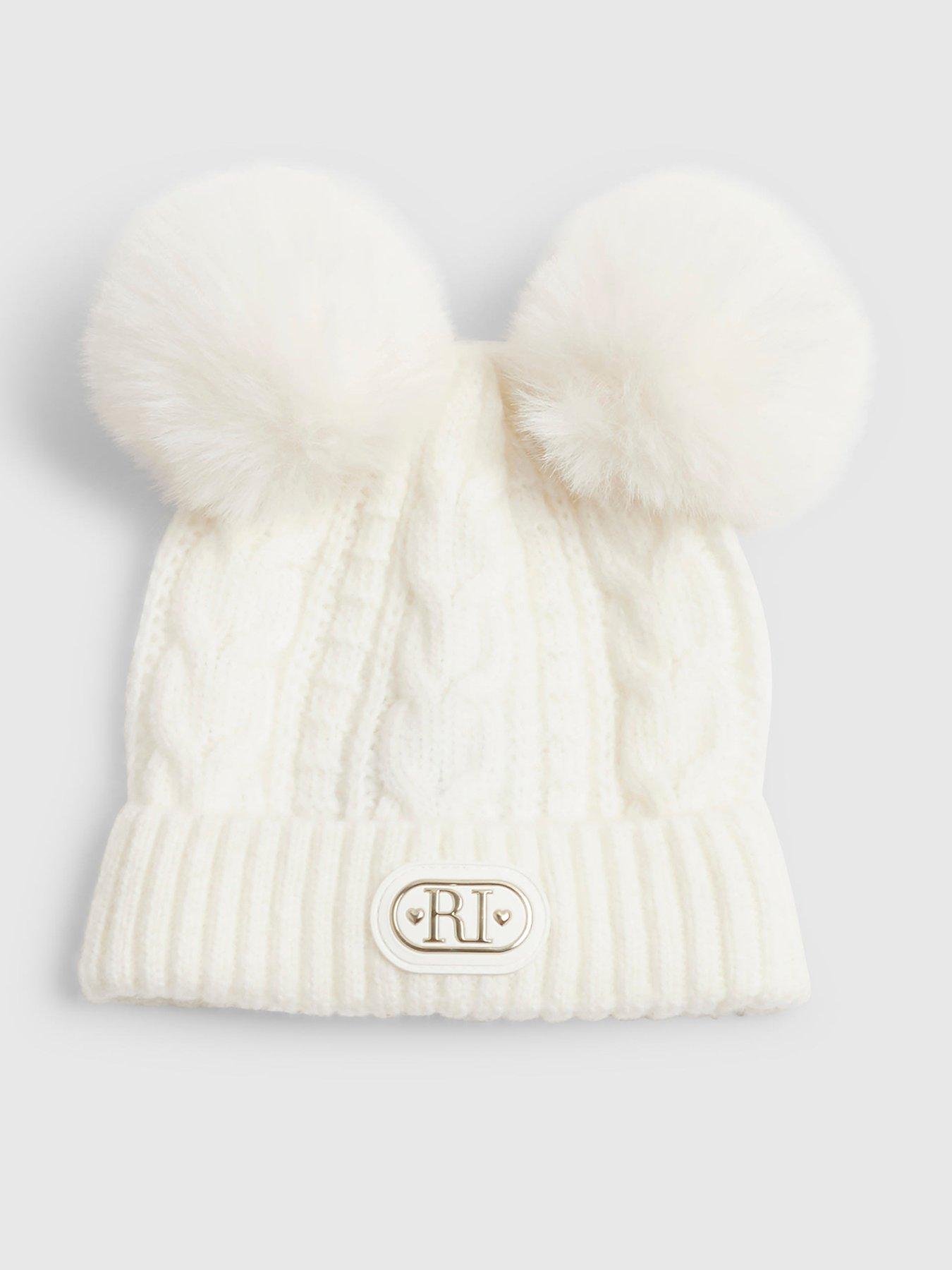 Image 1 of 2 of River Island Baby Girls Double Pom Cable Knit Beanie Hat - Cream