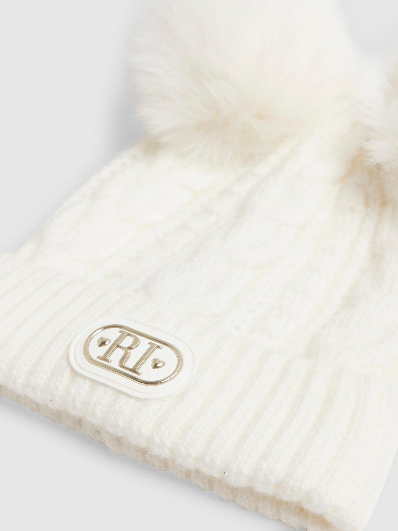Image 2 of 2 of River Island Baby Girls Double Pom Cable Knit Beanie Hat - Cream