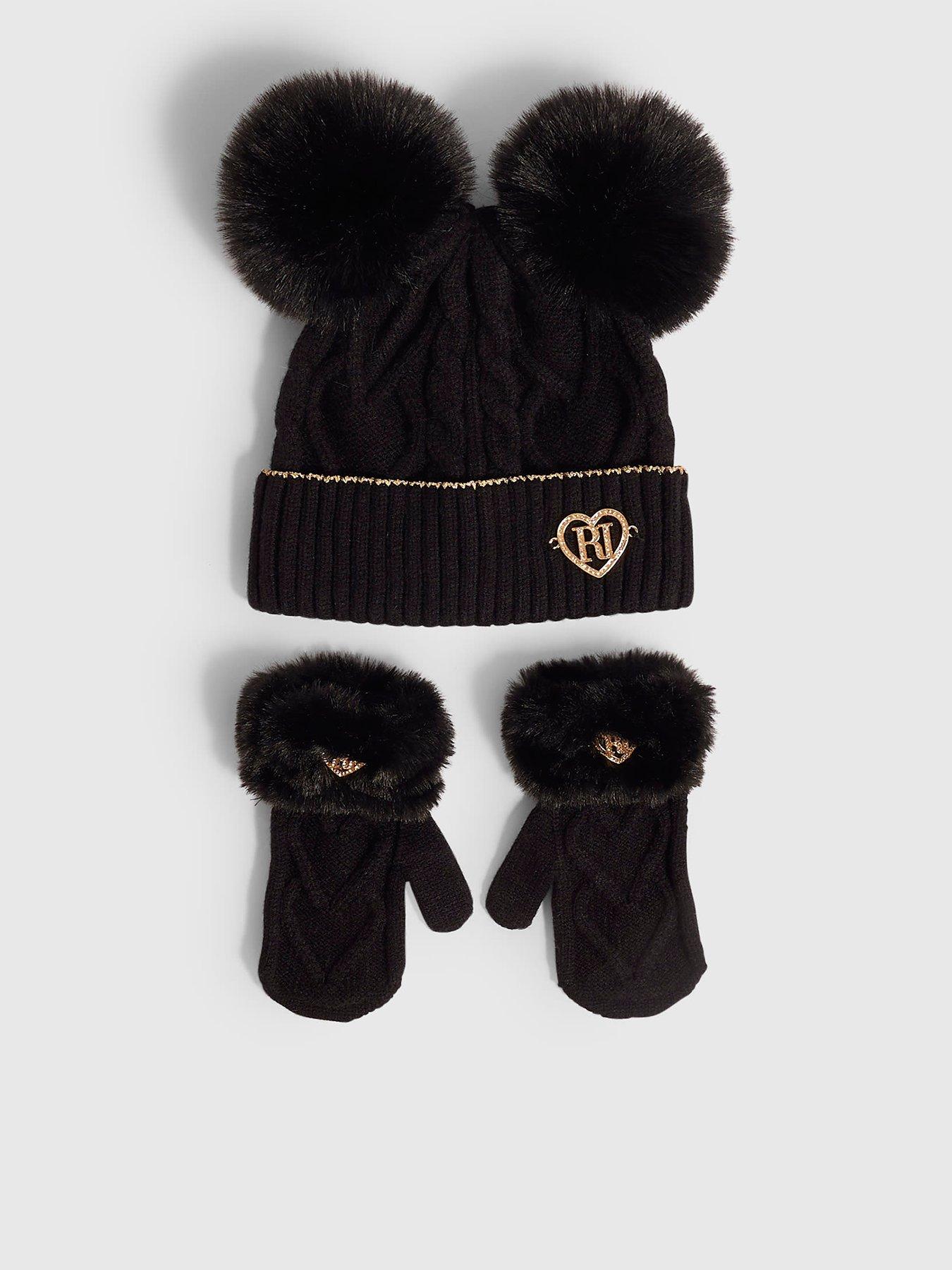 Image 1 of 4 of River Island Mini Girls Pom Beanie And Gloves Set - Black