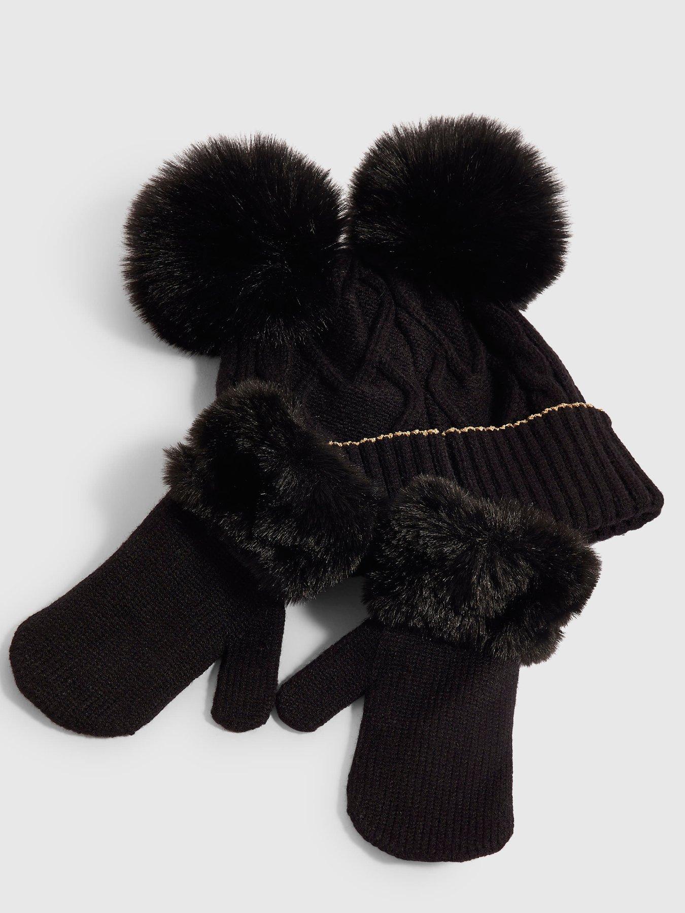 Image 3 of 4 of River Island Mini Girls Pom Beanie And Gloves Set - Black