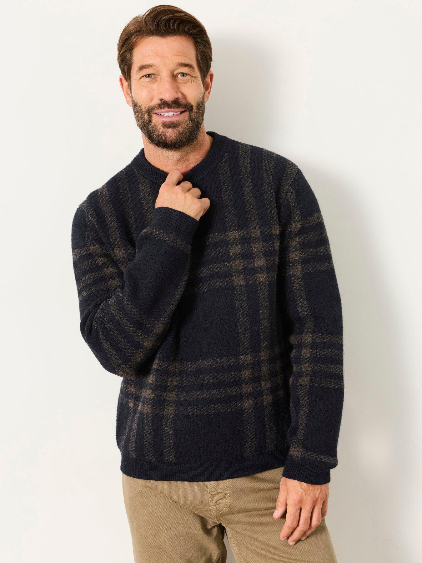 Image 1 of 6 of FatFace Mens Check Crew Neck Jumper - Navy