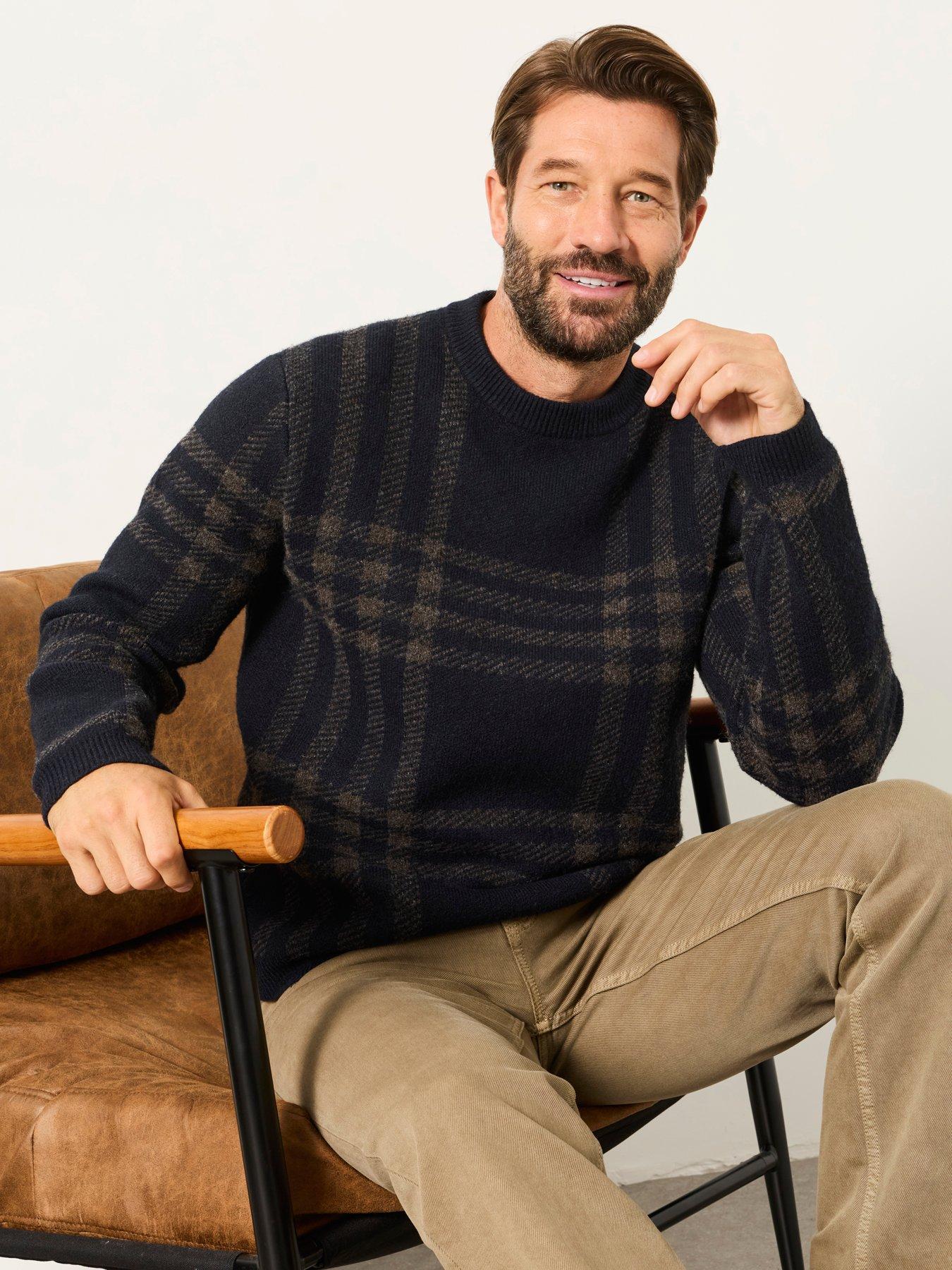Image 4 of 6 of FatFace Mens Check Crew Neck Jumper - Navy