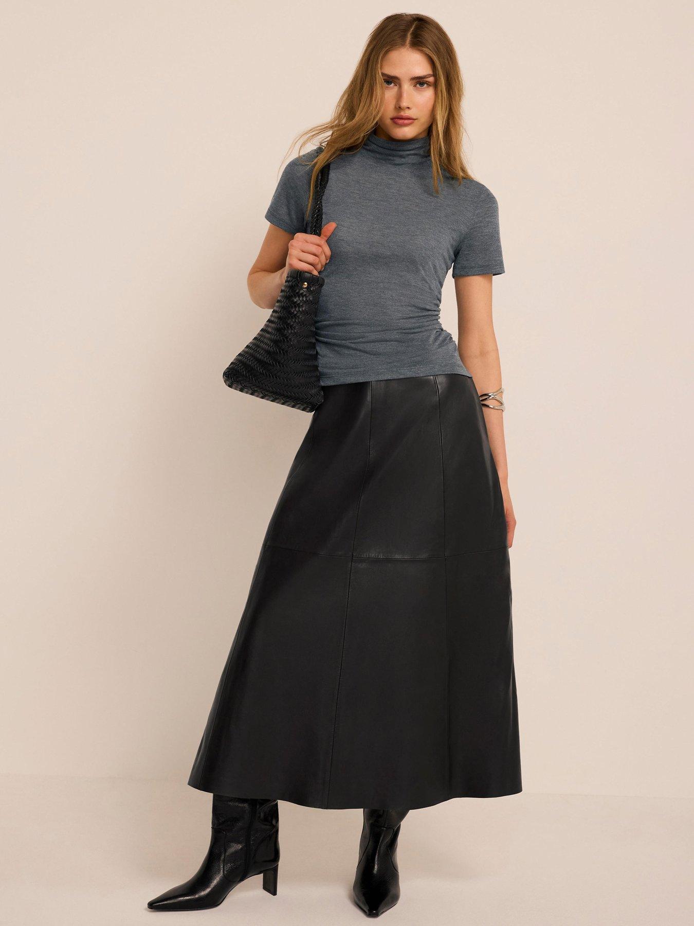 Image 1 of 6 of Mint Velvet Leather Full Skirt - Black
