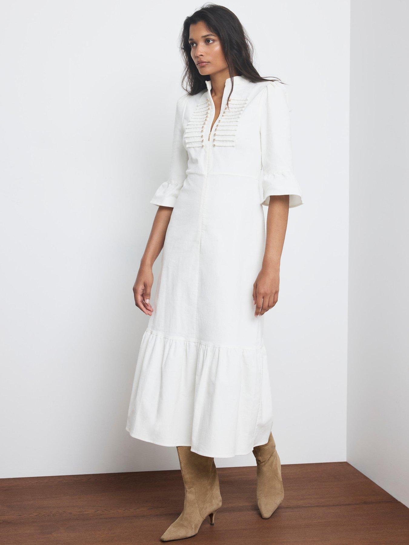 Mint Velvet Corduroy Military Detail Midi Dress - Cream