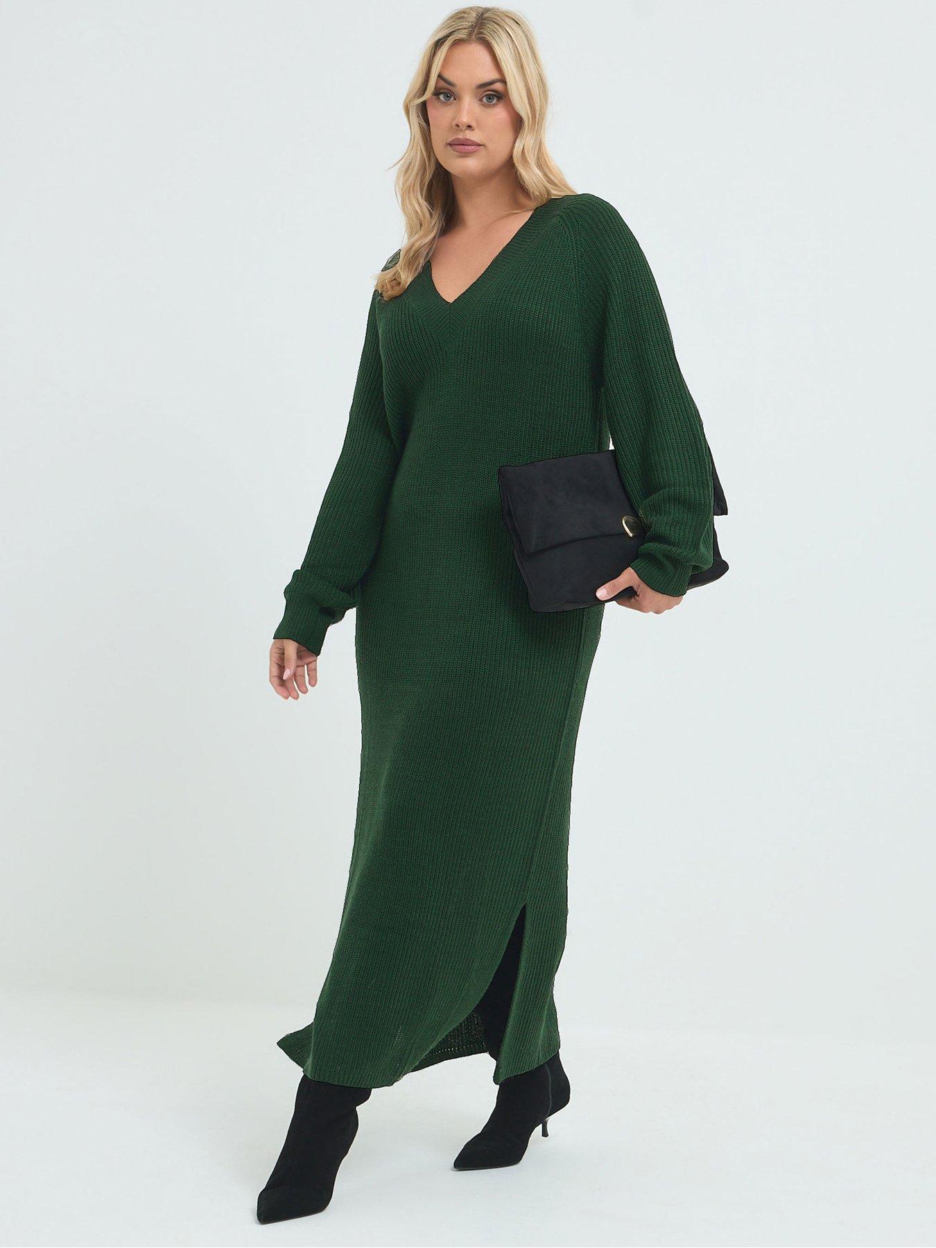 Image 1 of 4 of Yours Womens Curve Balloon Sleeve V Neck Maxi Dress - Green