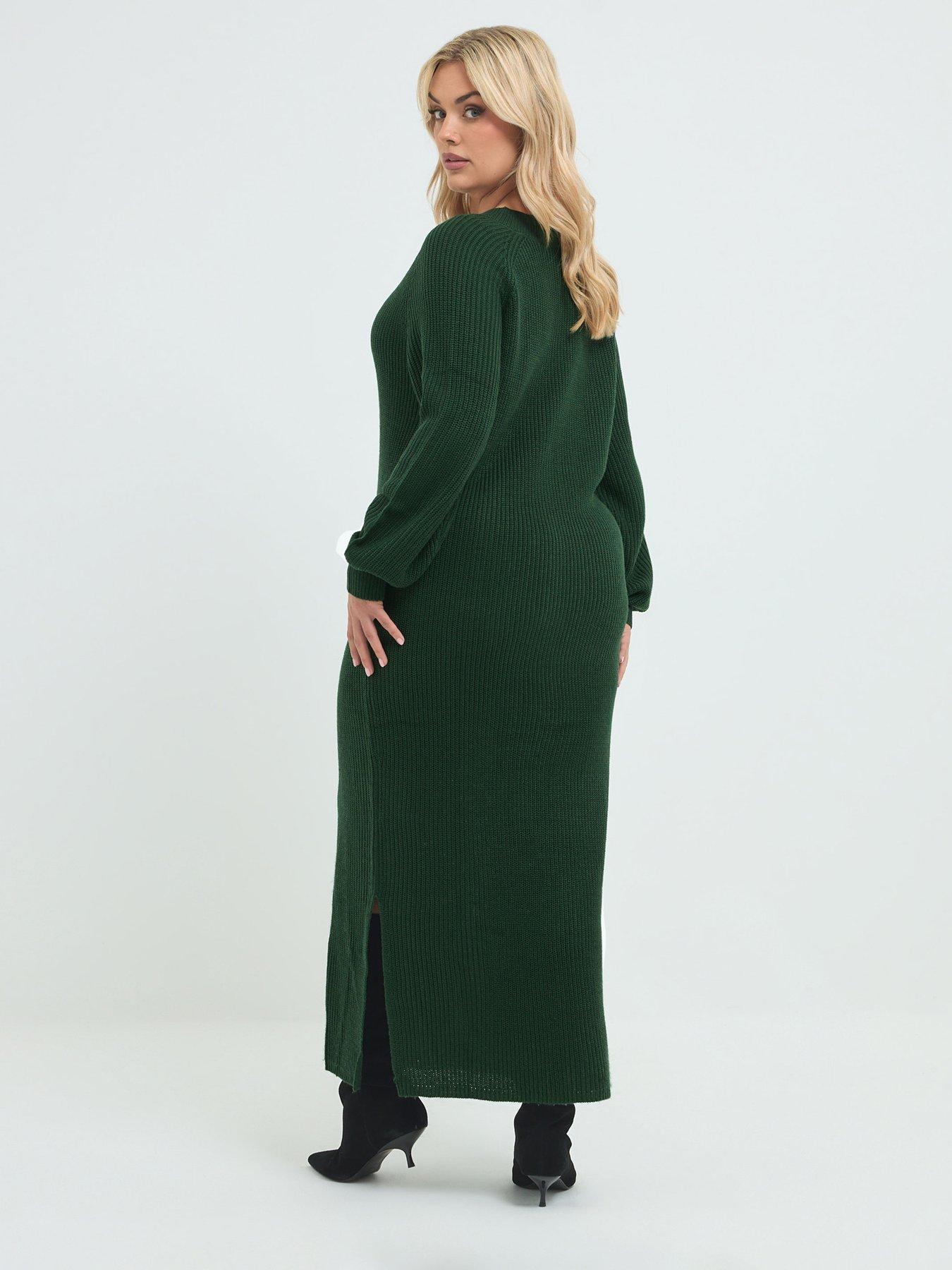 Image 2 of 4 of Yours Womens Curve Balloon Sleeve V Neck Maxi Dress - Green