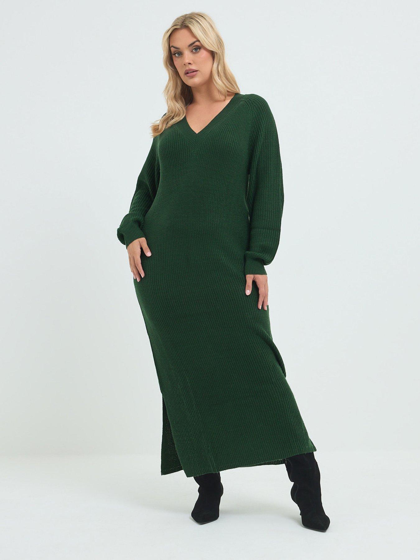Image 3 of 4 of Yours Womens Curve Balloon Sleeve V Neck Maxi Dress - Green