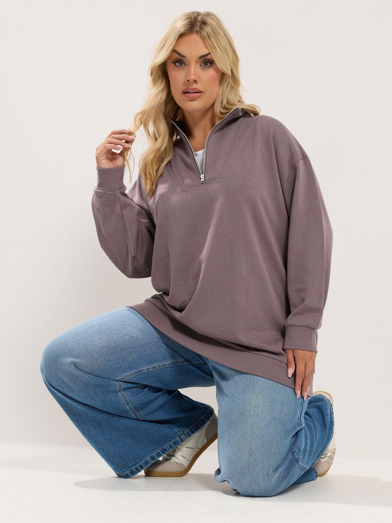 Image 1 of 4 of Yours Womens Curve Quarter Zip Funnel Neck Longline Sweatshirt - Purple