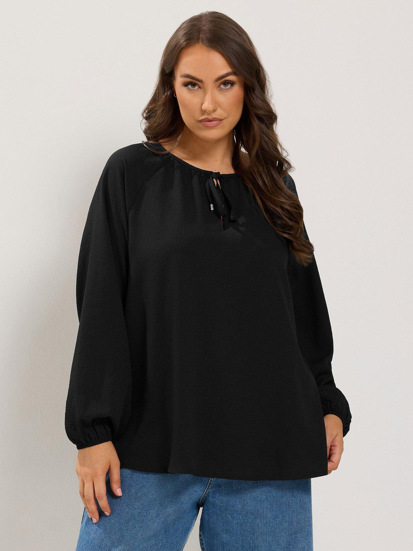 Image 1 of 4 of Yours Womens Plus Size Textured Tie-Neck Long Sleeve Blouse - Black