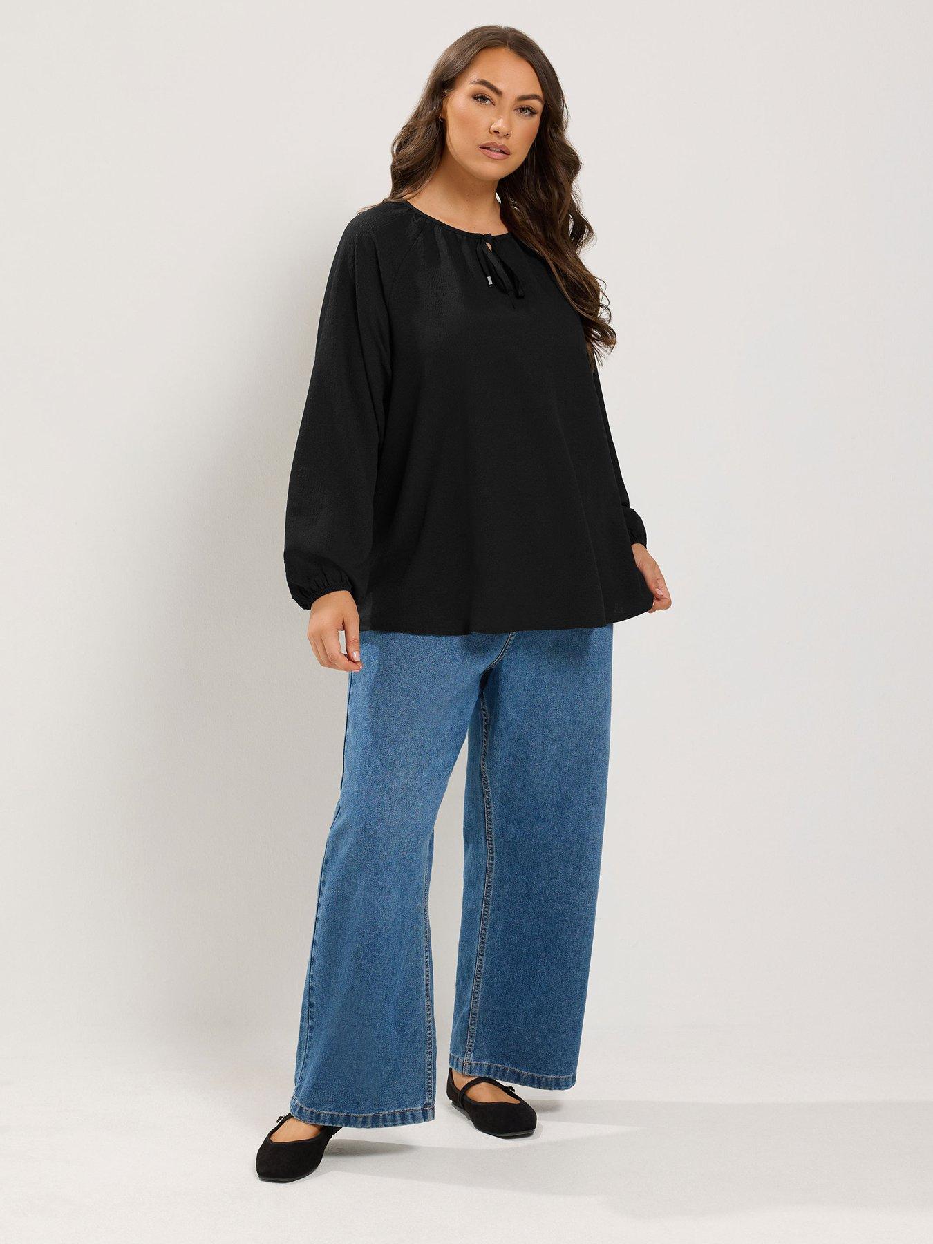 Image 3 of 4 of Yours Womens Plus Size Textured Tie-Neck Long Sleeve Blouse - Black
