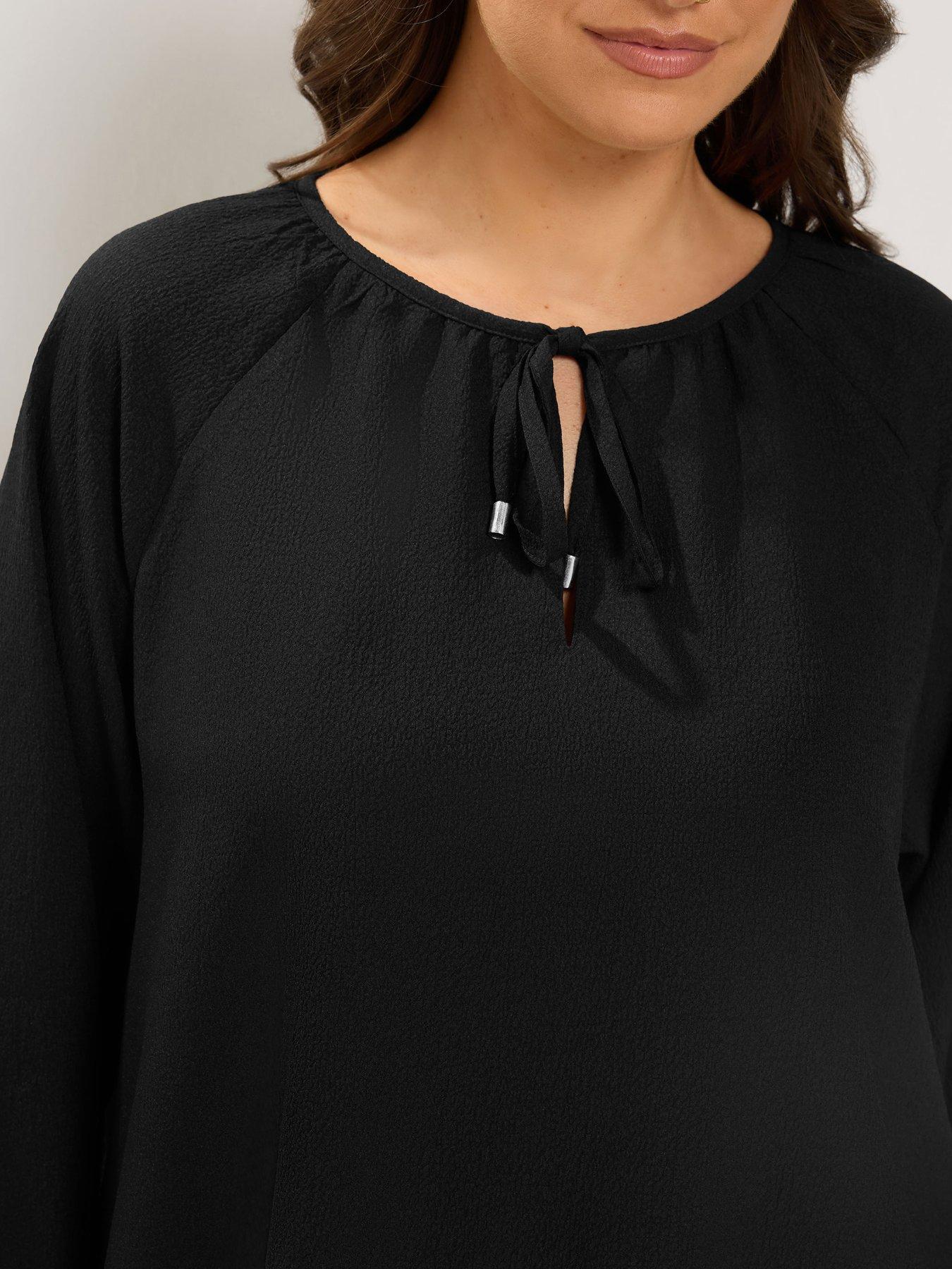 Image 4 of 4 of Yours Womens Plus Size Textured Tie-Neck Long Sleeve Blouse - Black