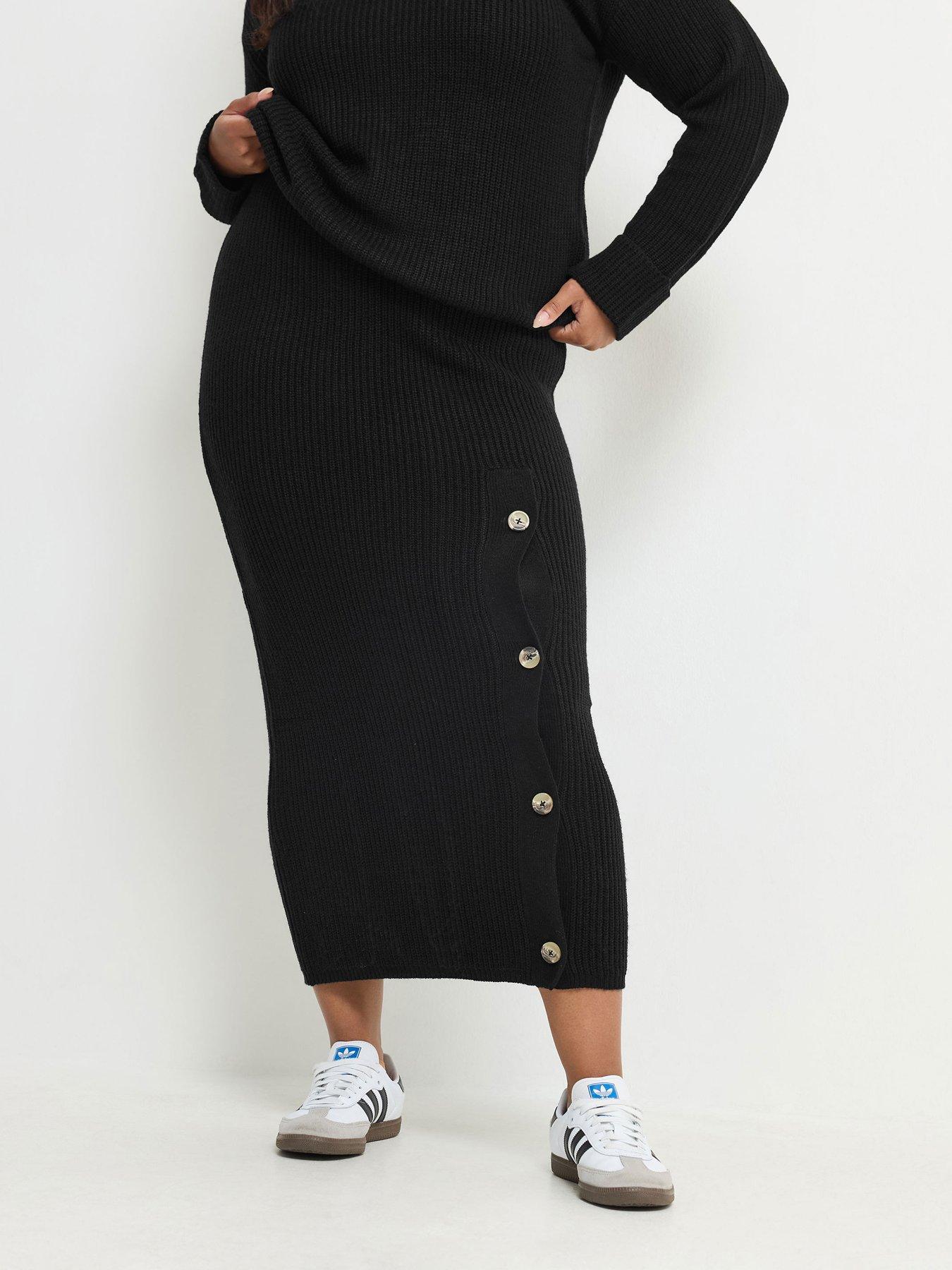 Image 1 of 4 of Yours Womens Curve Button Detail Knitted Skirt - Black