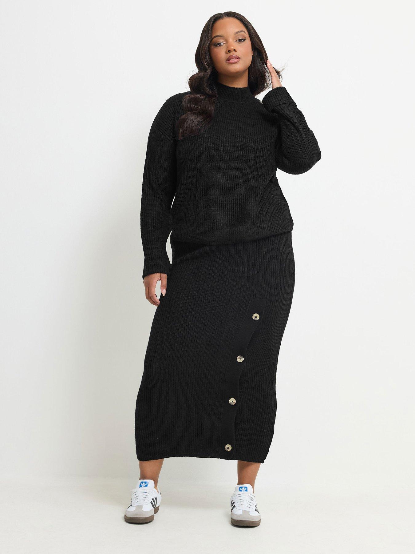 Image 3 of 4 of Yours Womens Curve Button Detail Knitted Skirt - Black
