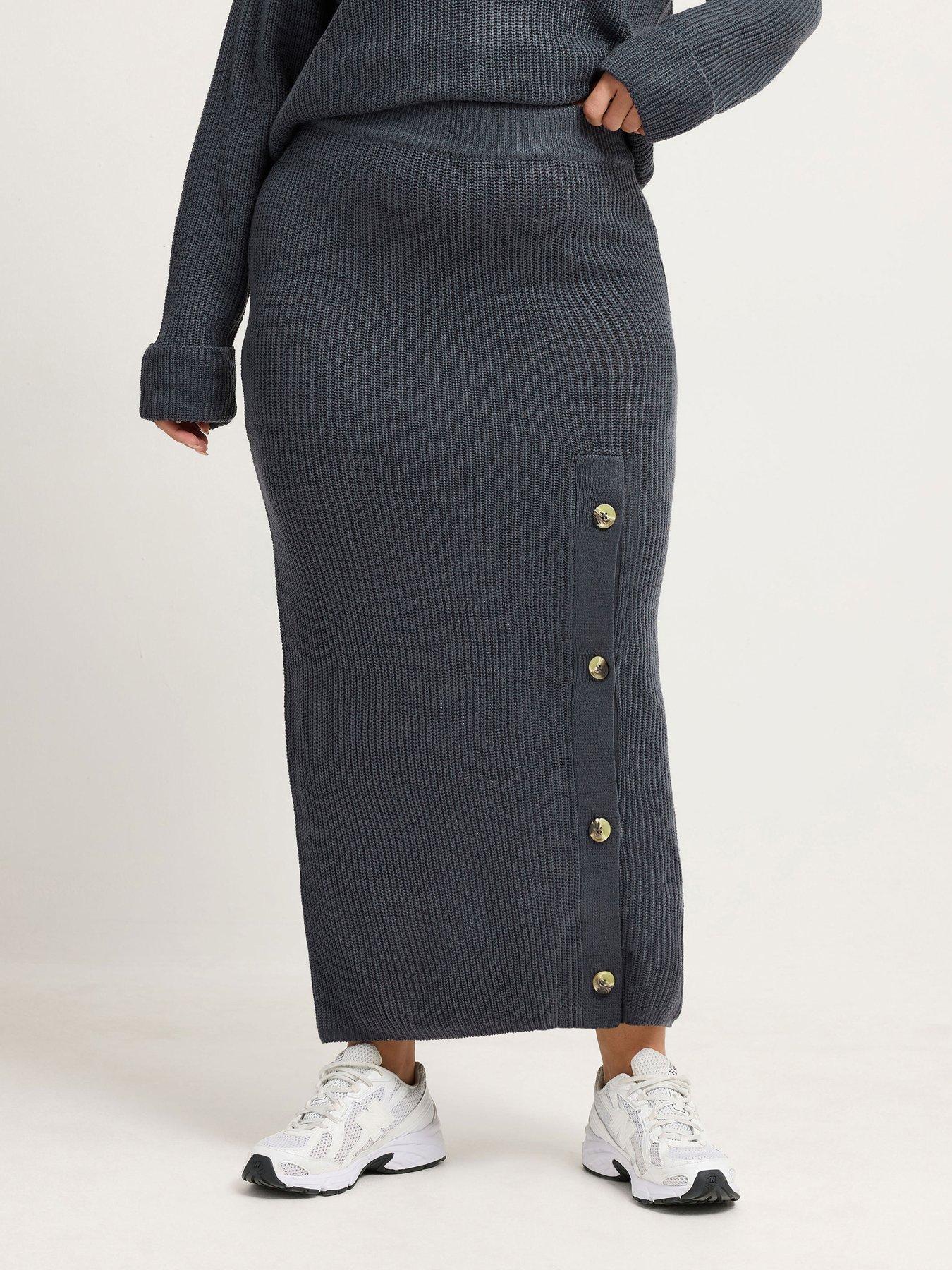 Image 1 of 4 of Yours Womens Curve Button Detail Ribbed Maxi Skirt - Grey