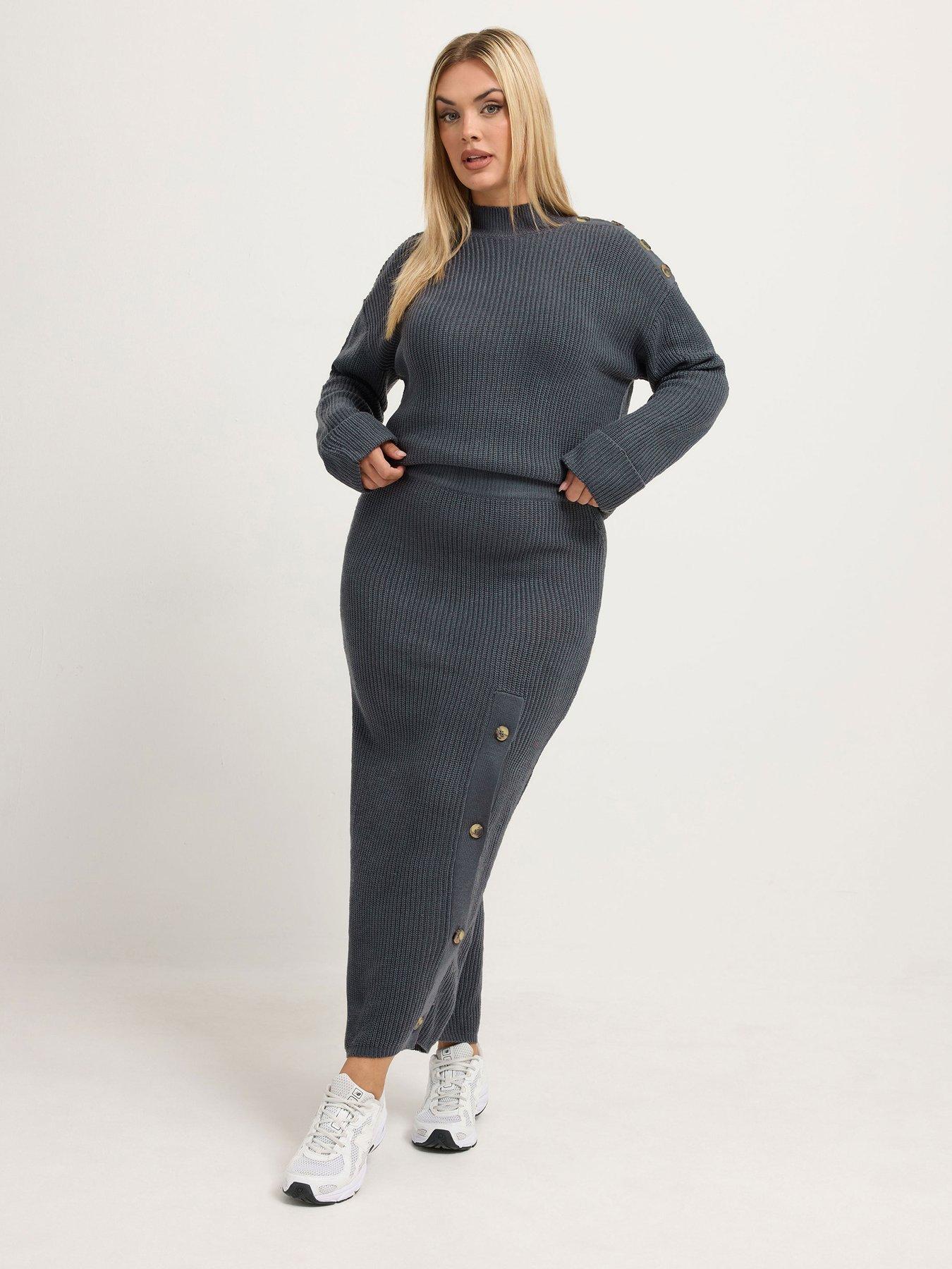 Image 3 of 4 of Yours Womens Curve Button Detail Ribbed Maxi Skirt - Grey