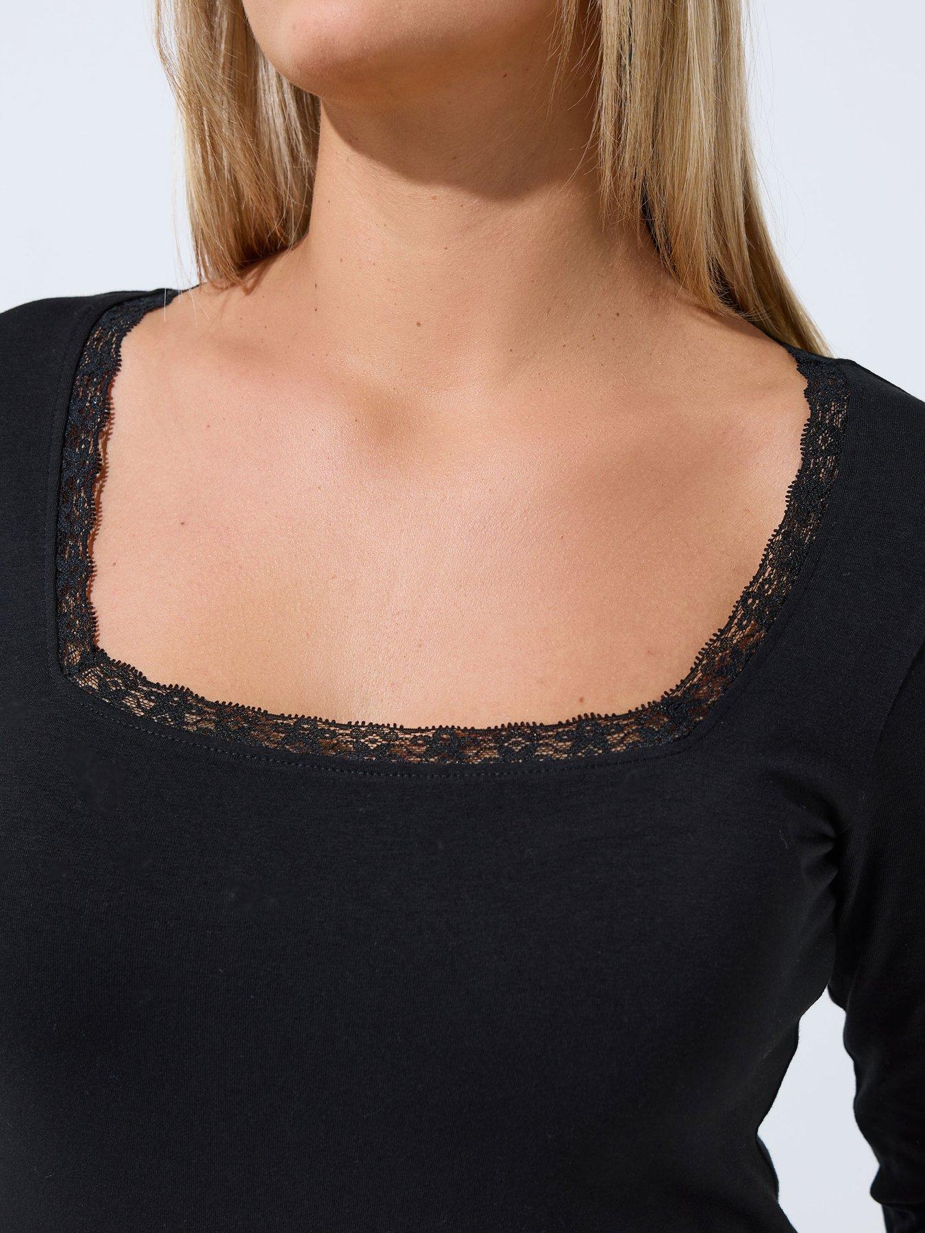Image 4 of 4 of Yours Womens Curve Square Neck Lace Trim Blouse - Black