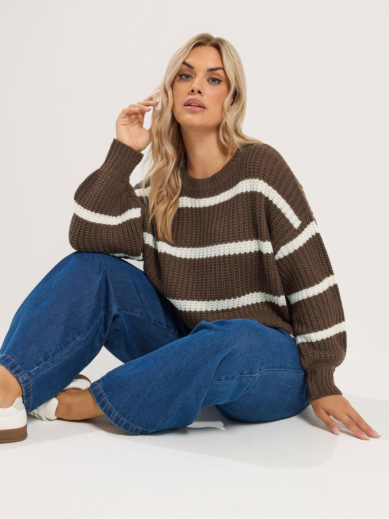 Image 1 of 4 of Yours Womens Curve Chunky Waffle Stripe Jumper - Brown