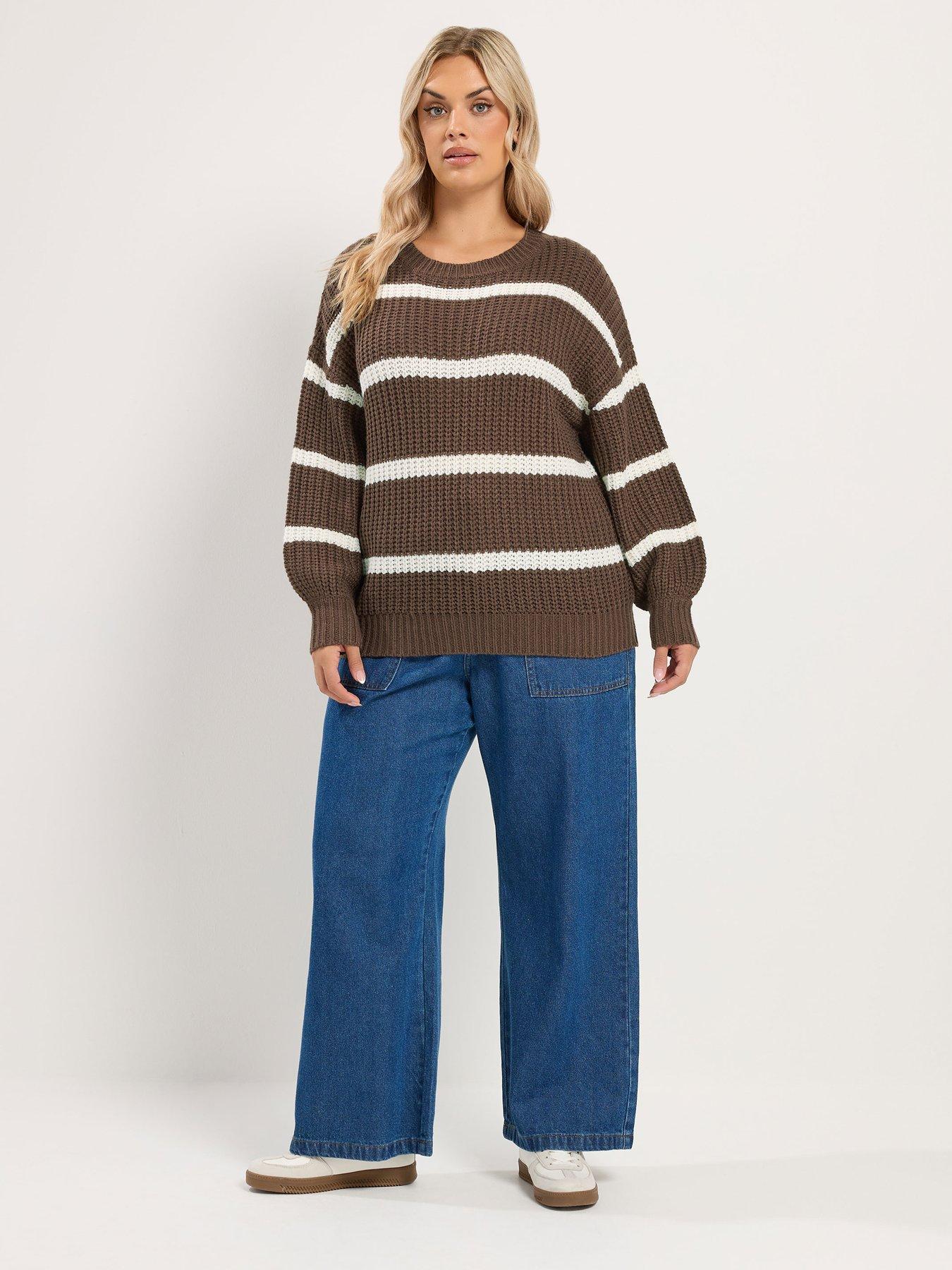 Image 3 of 4 of Yours Womens Curve Chunky Waffle Stripe Jumper - Brown