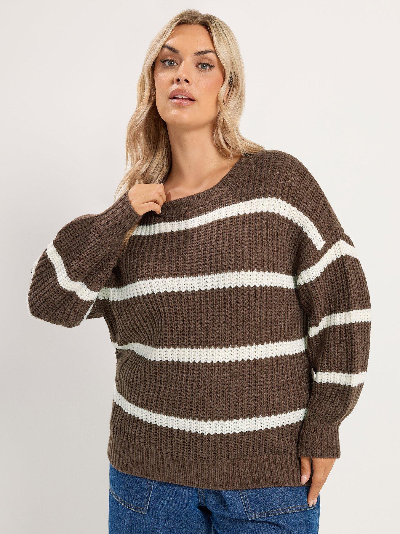 Image 4 of 4 of Yours Womens Curve Chunky Waffle Stripe Jumper - Brown
