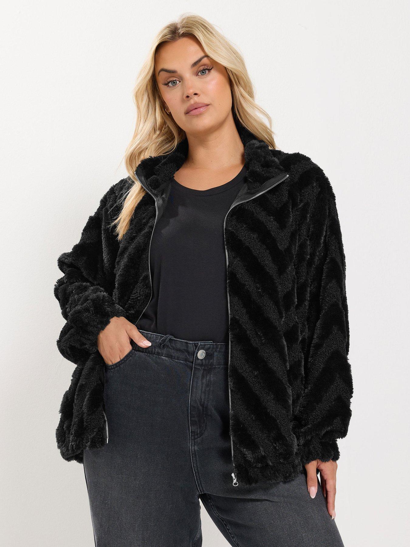 Image 1 of 4 of Yours Womens Plus Size Borg Faux Fur Mix Zip-Through Jacket - Black