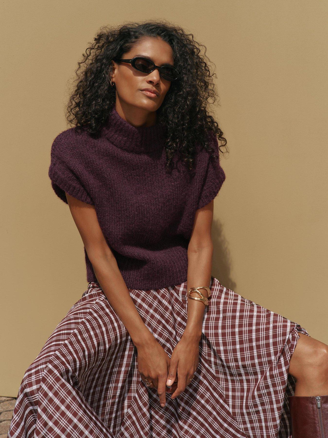 Image 1 of 6 of Mint Velvet Fluff Stand Neck T-Shirt - Burgundy