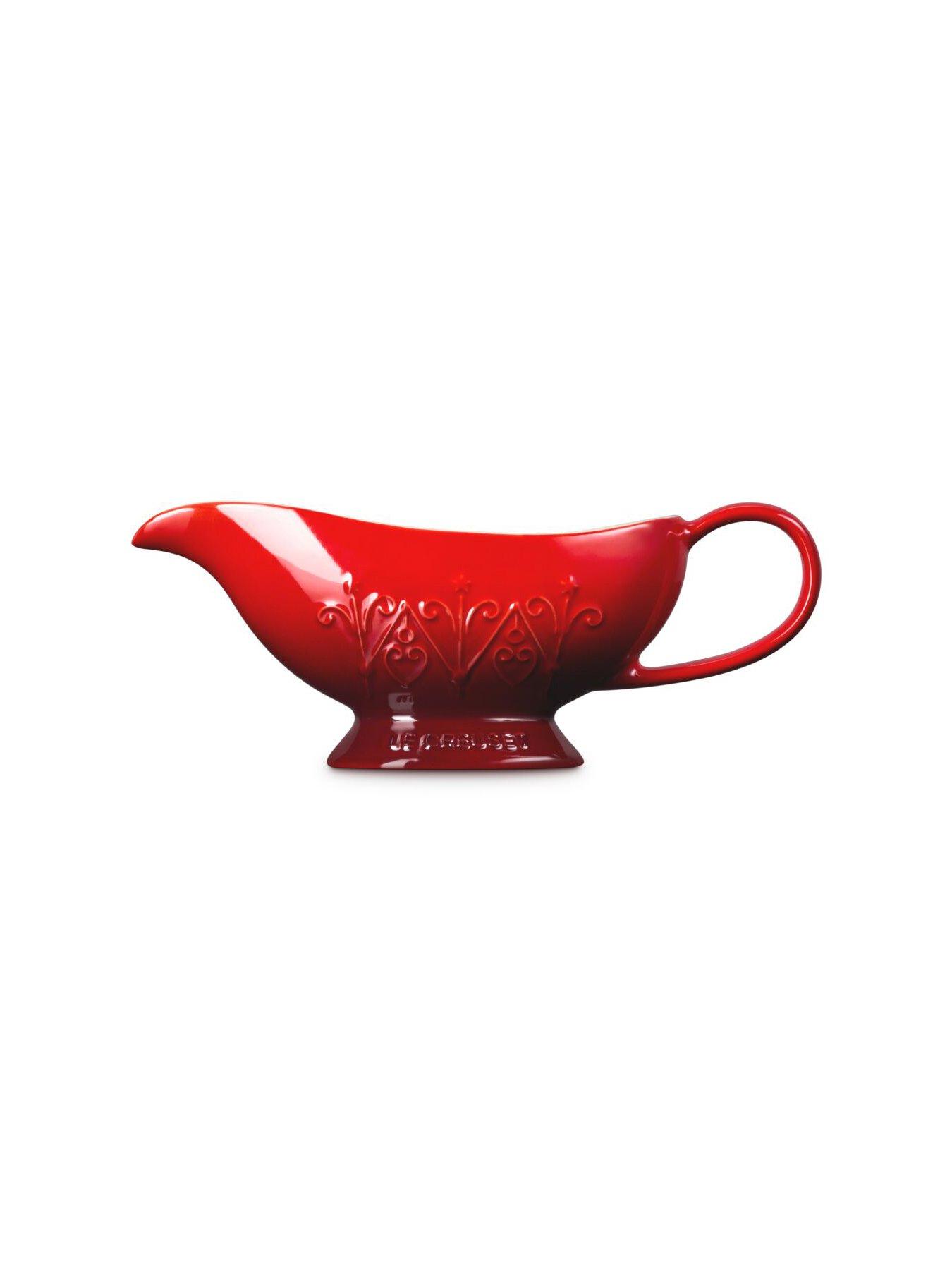 Image 4 of 6 of Le Creuset Stoneware Heritage Sauce Jug Christmas Relief Cerise