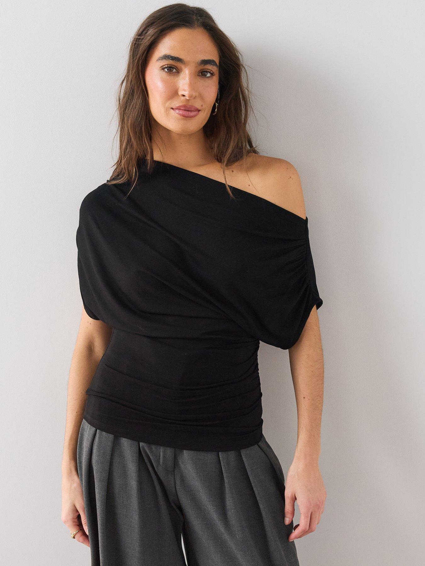 Image 1 of 7 of The Very Collection Womens Off The Shoulder Draped Stretch Top- Black