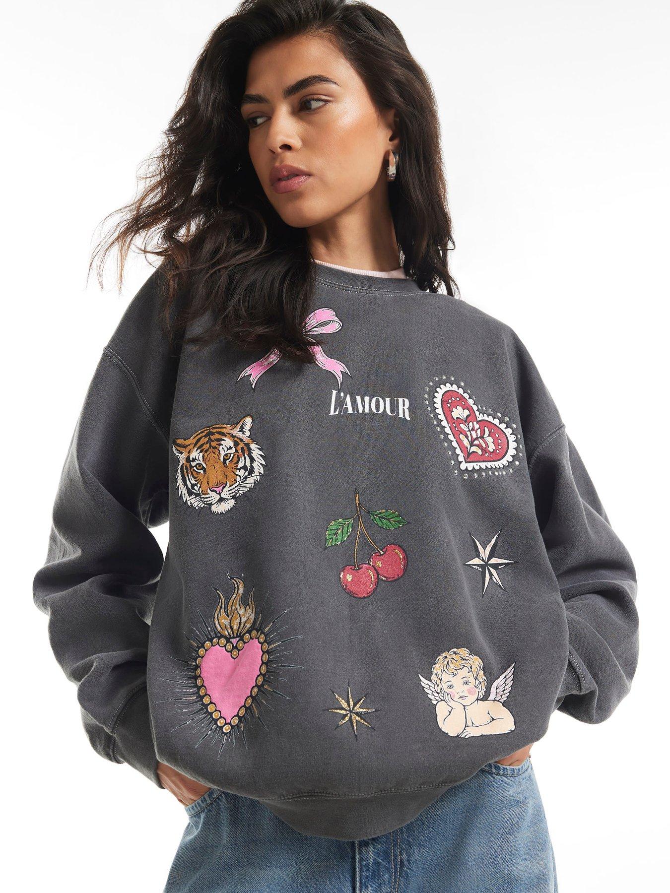 Image 1 of 6 of River Island Womens Hotfix Graphic Long Sleeve Sweatshirt - Grey